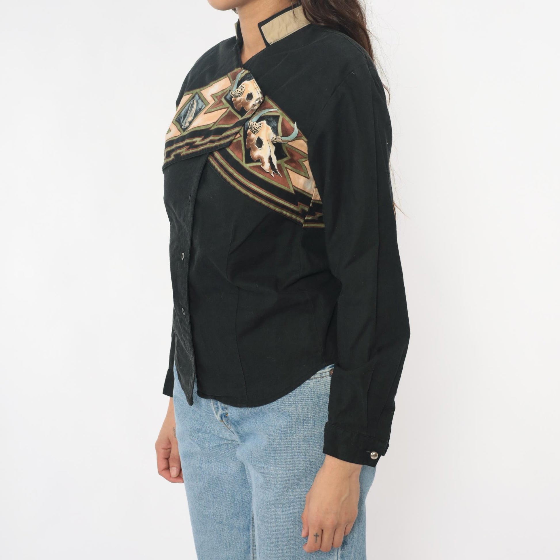 90s Roper Black Western Shirt Buffalo Skull Southwestern Appliqué Small