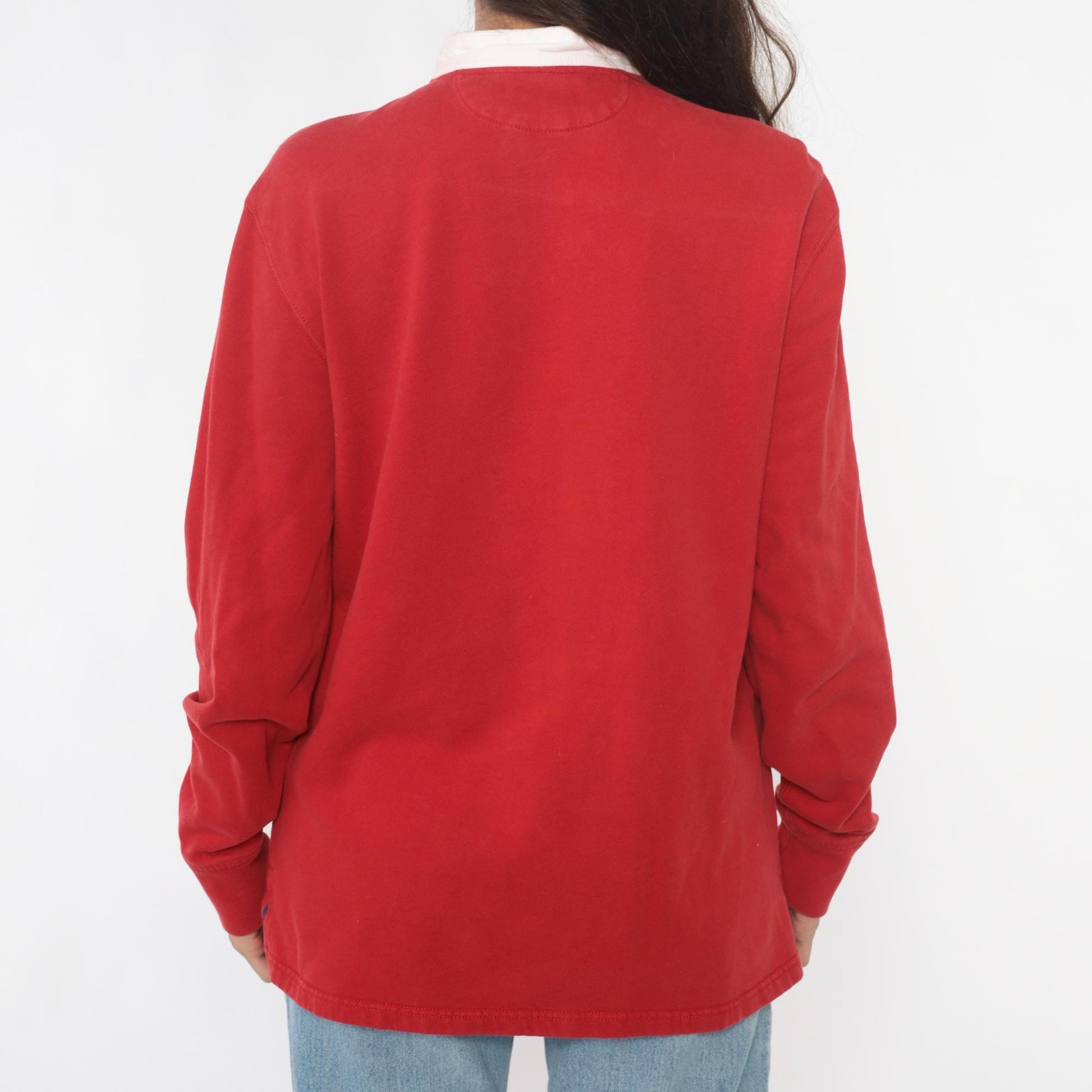 90s Polo Ralph Lauren Red Rugby Shirt White Collar Cotton Medium M