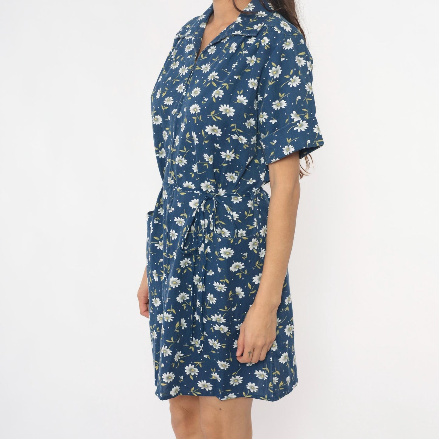 90s Carole Navy Floral Daisy Dress Collared Button Front Cotton Medium M