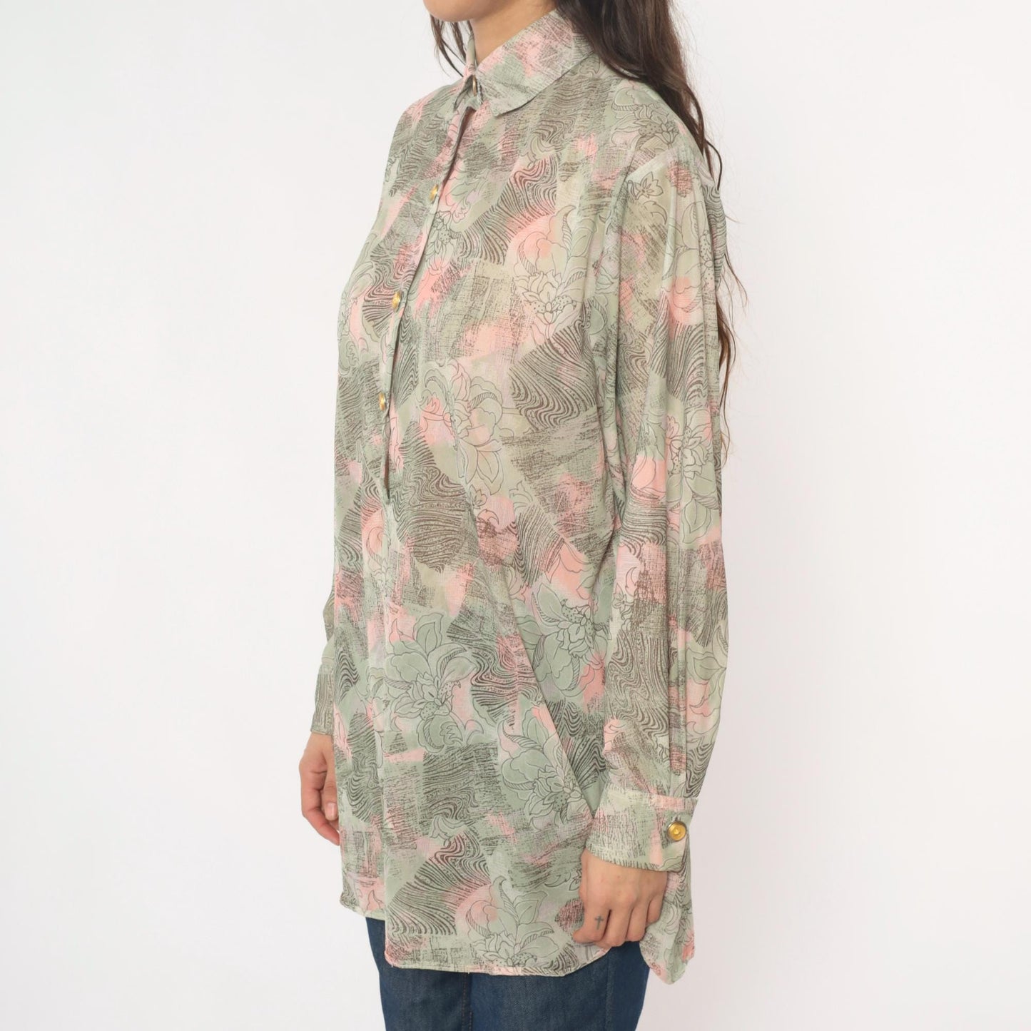 70s Abstract Floral Tunic Shirt Sage Pink Cream Button Front Medium
