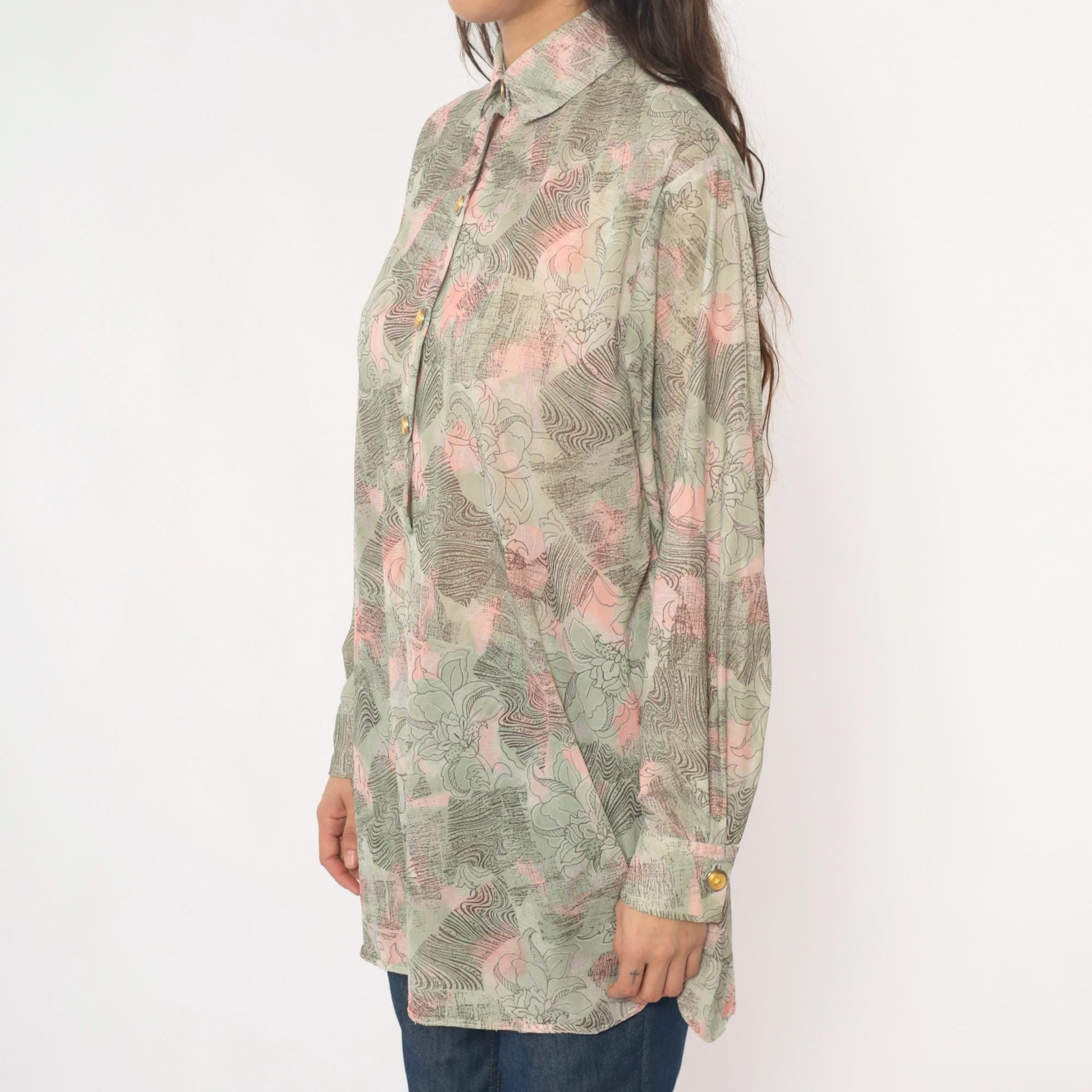 70s Abstract Floral Tunic Shirt Sage Pink Cream Button Front Medium