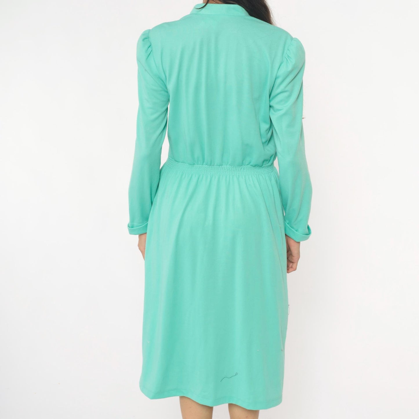 80s Lehigh Mint Green Shirtdress Puff Shoulder Knee-Length Small Medium