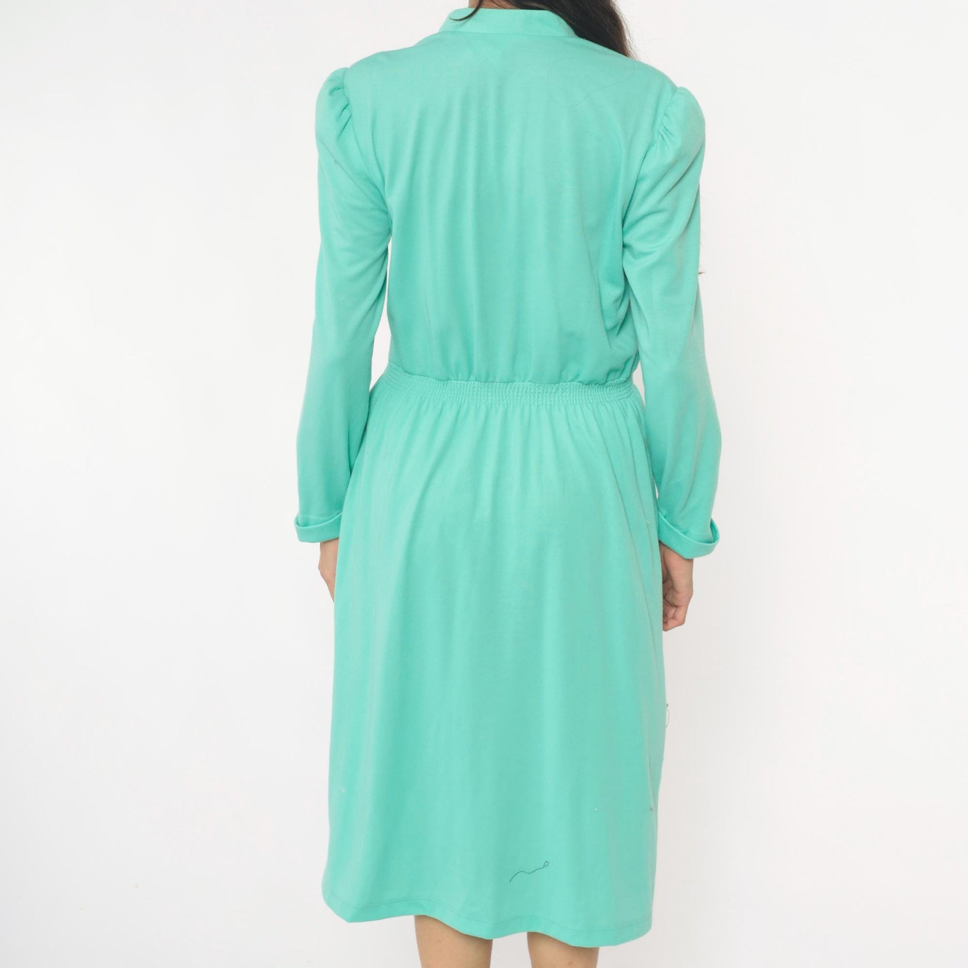 80s Lehigh Mint Green Shirtdress Puff Shoulder Knee-Length Small Medium