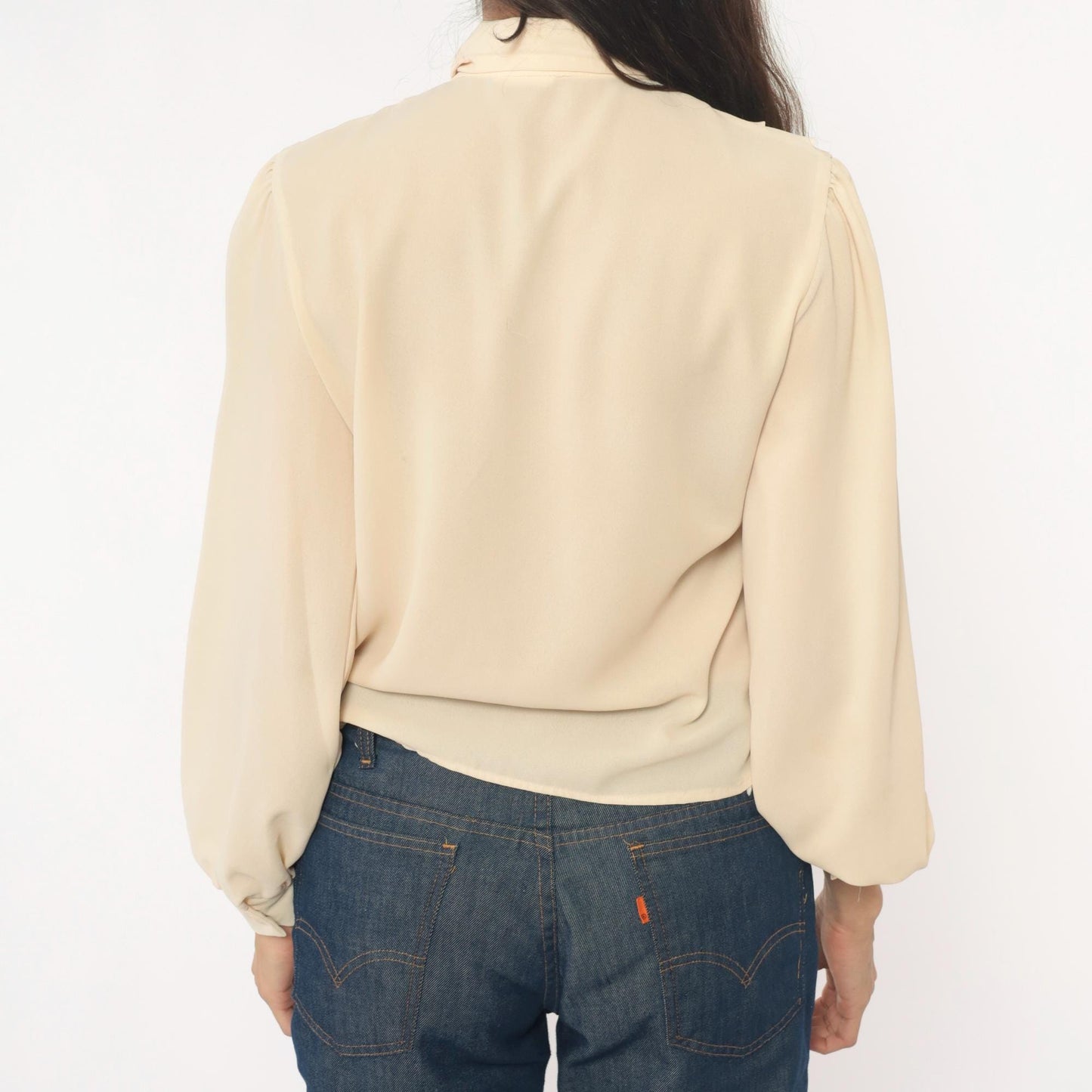 70s Cream Peter Pan Collar Blouse Puff Sleeve Button Front Ruffle Medium