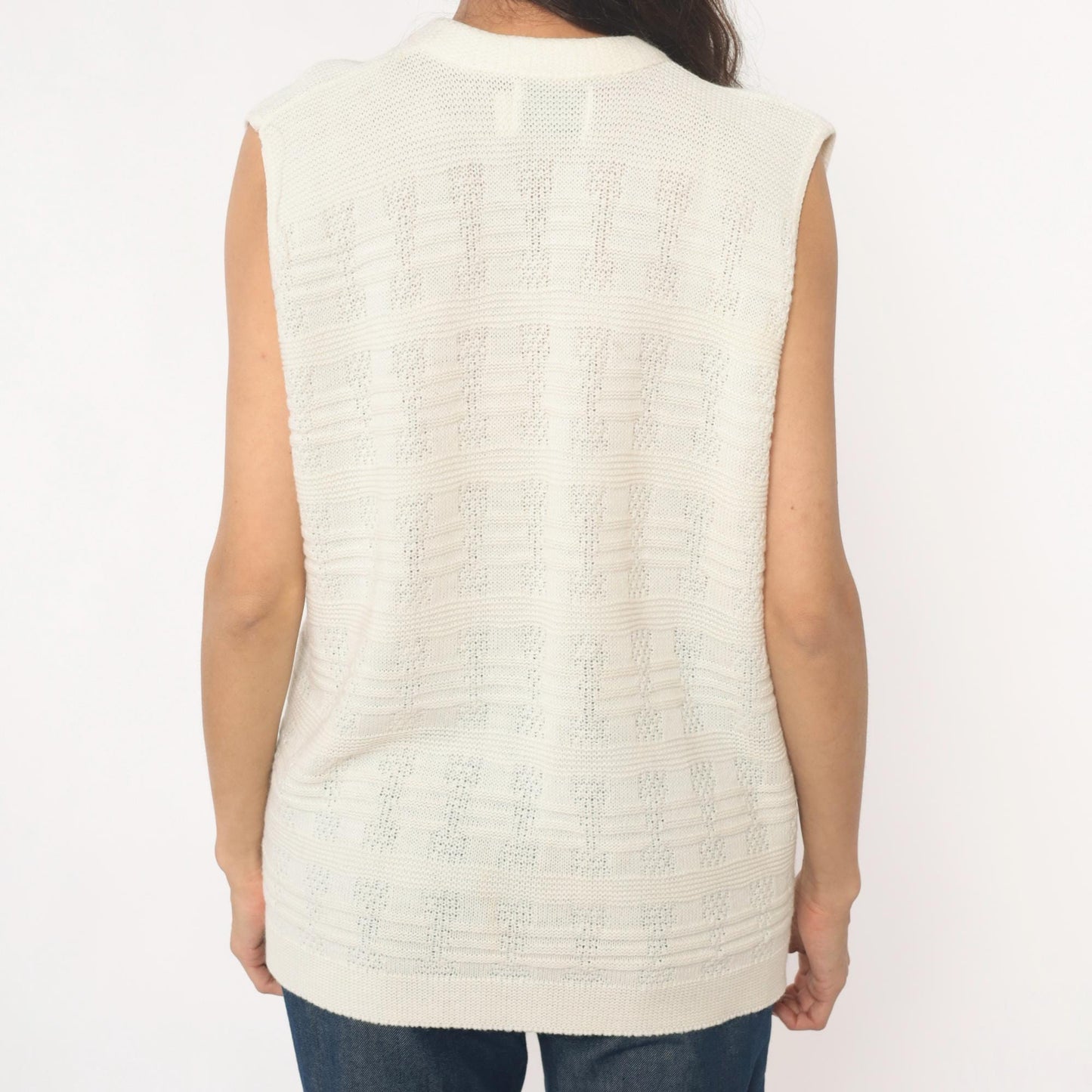 70s Cream Knit Vest Open Front Sleeveless Tank Top Small Medium