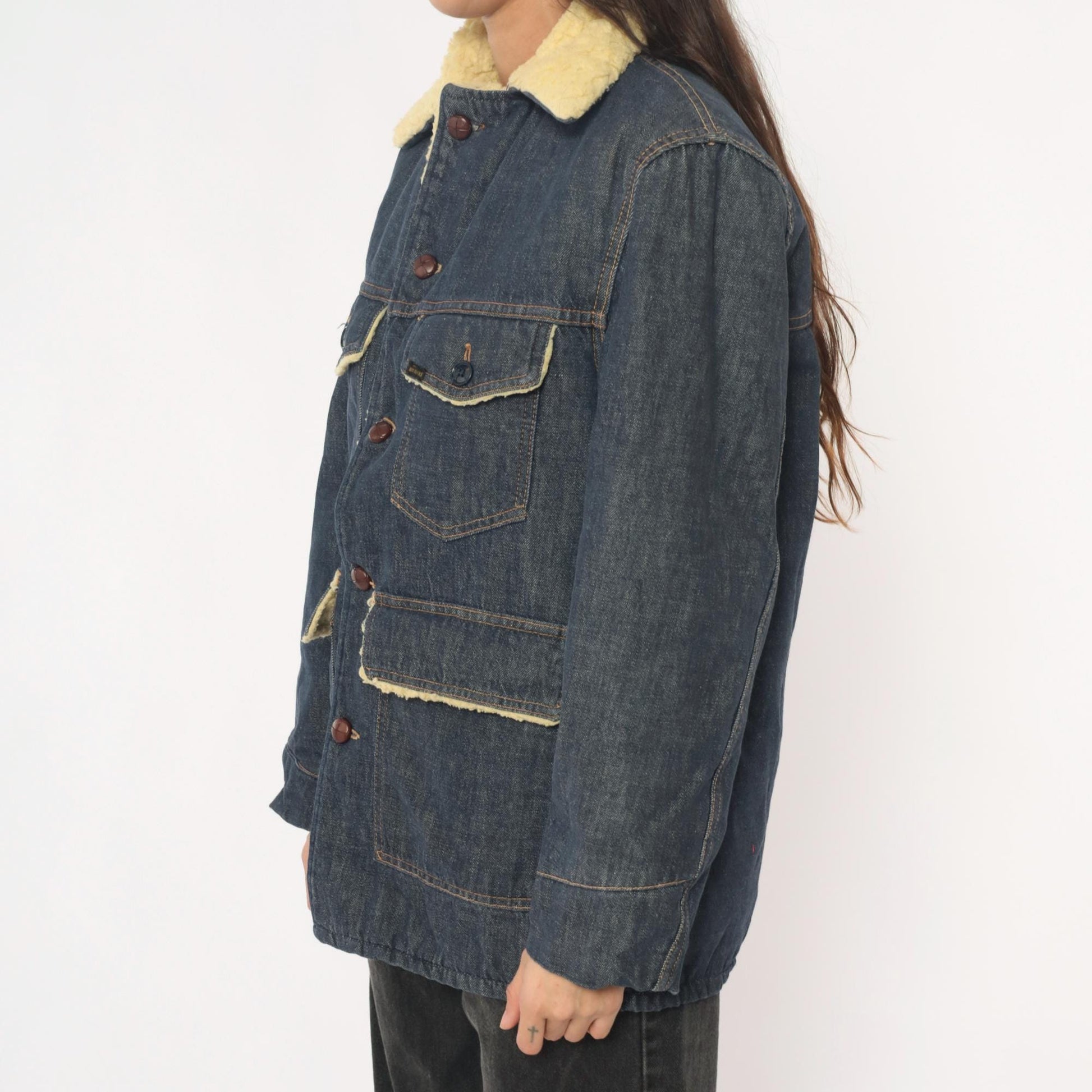 70s Roebucks Denim Jacket Sherpa Lined Dark Indigo Cream Workwear Medium Large