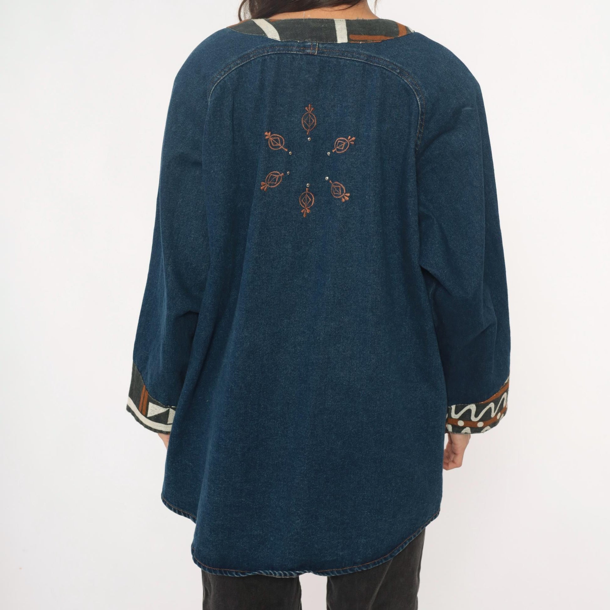 90s Southwestern Denim Jacket Tribal Embroidered Studs Blue Medium