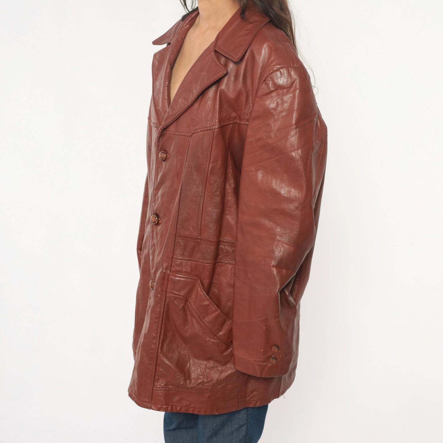70s Brown Leather Jacket Notched Collar Long Coat Burgundy Lining Extra Large