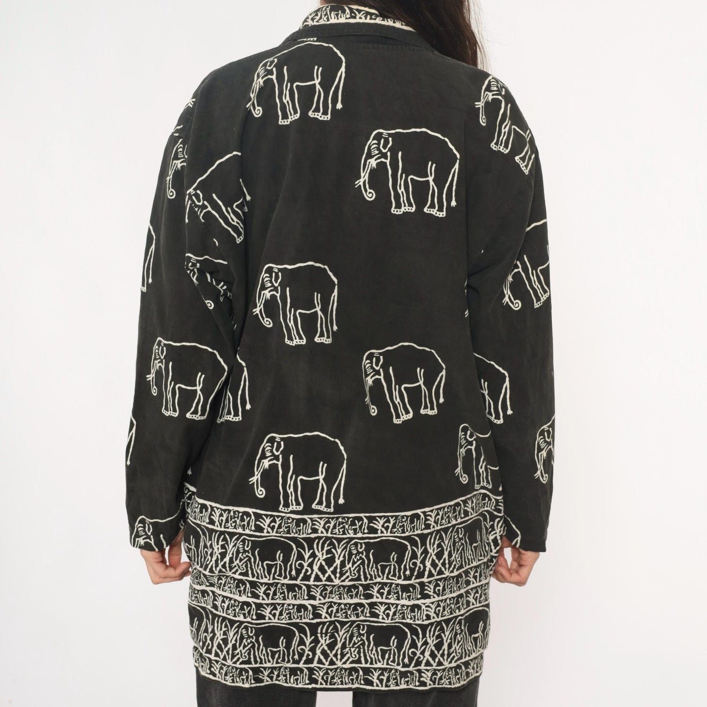 90s Black Cotton Elephant Print Tunic Jacket Collared Medium M