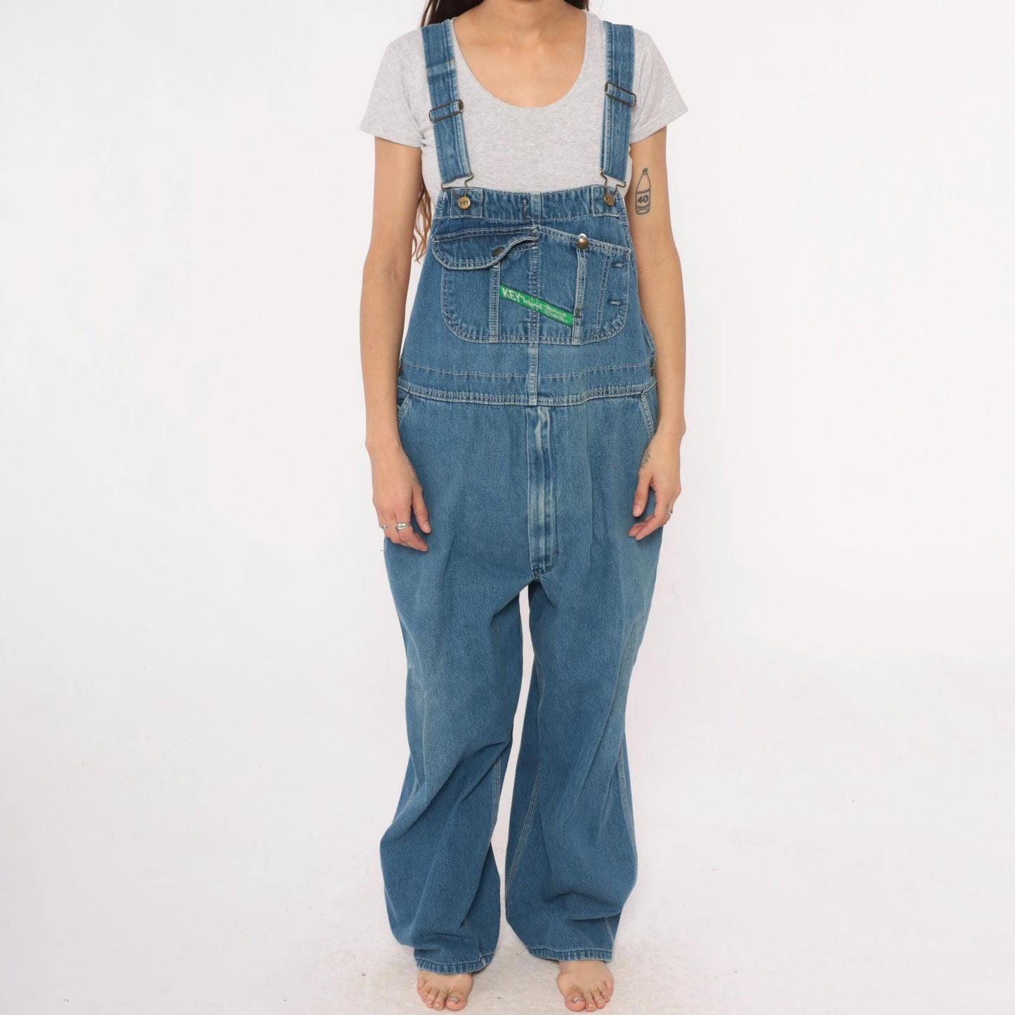 90s Key Denim Overalls Medium Blue Wide Leg Bib Dungarees Utility Pockets