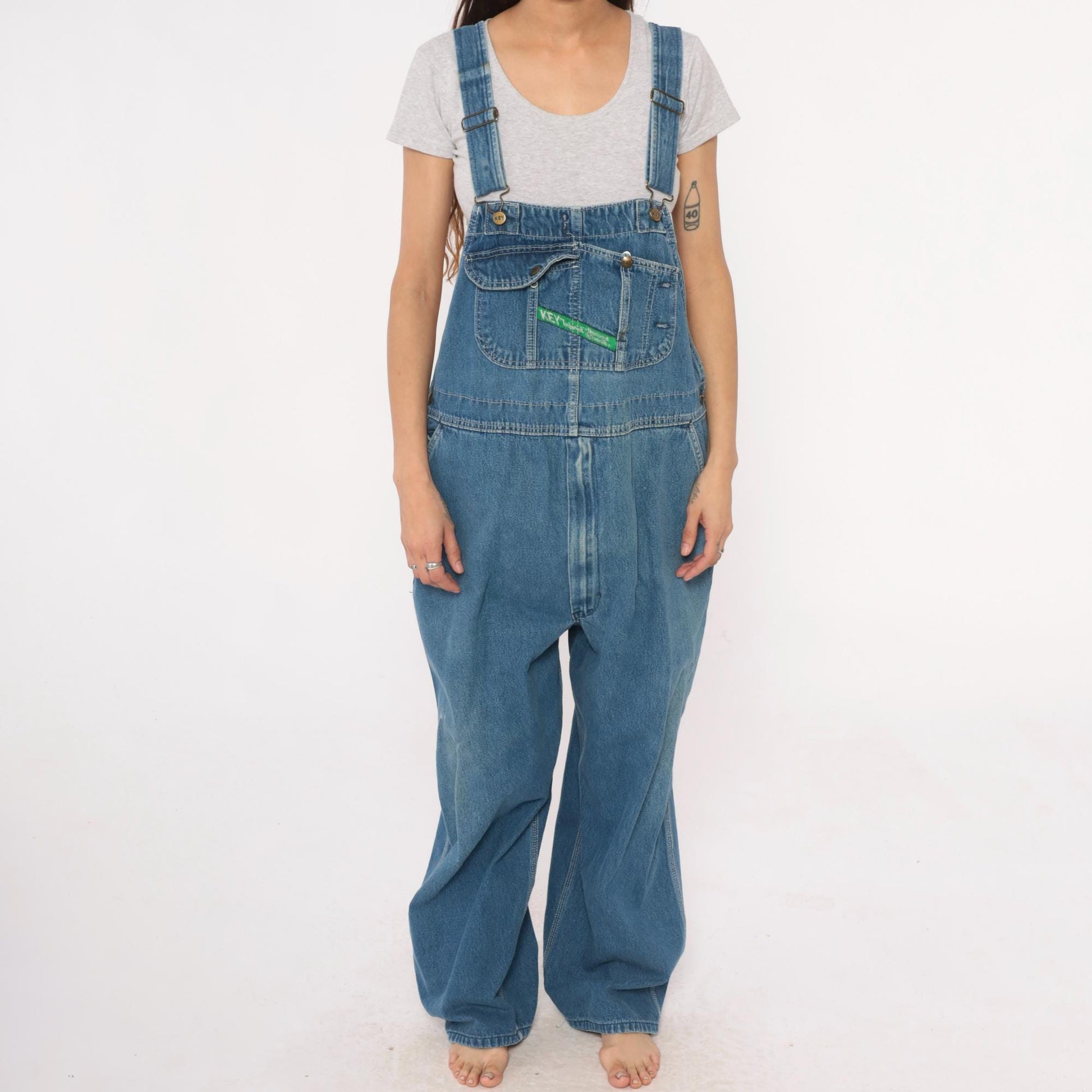 90s Key Denim Overalls Medium Blue Wide Leg Bib Dungarees Utility Pockets