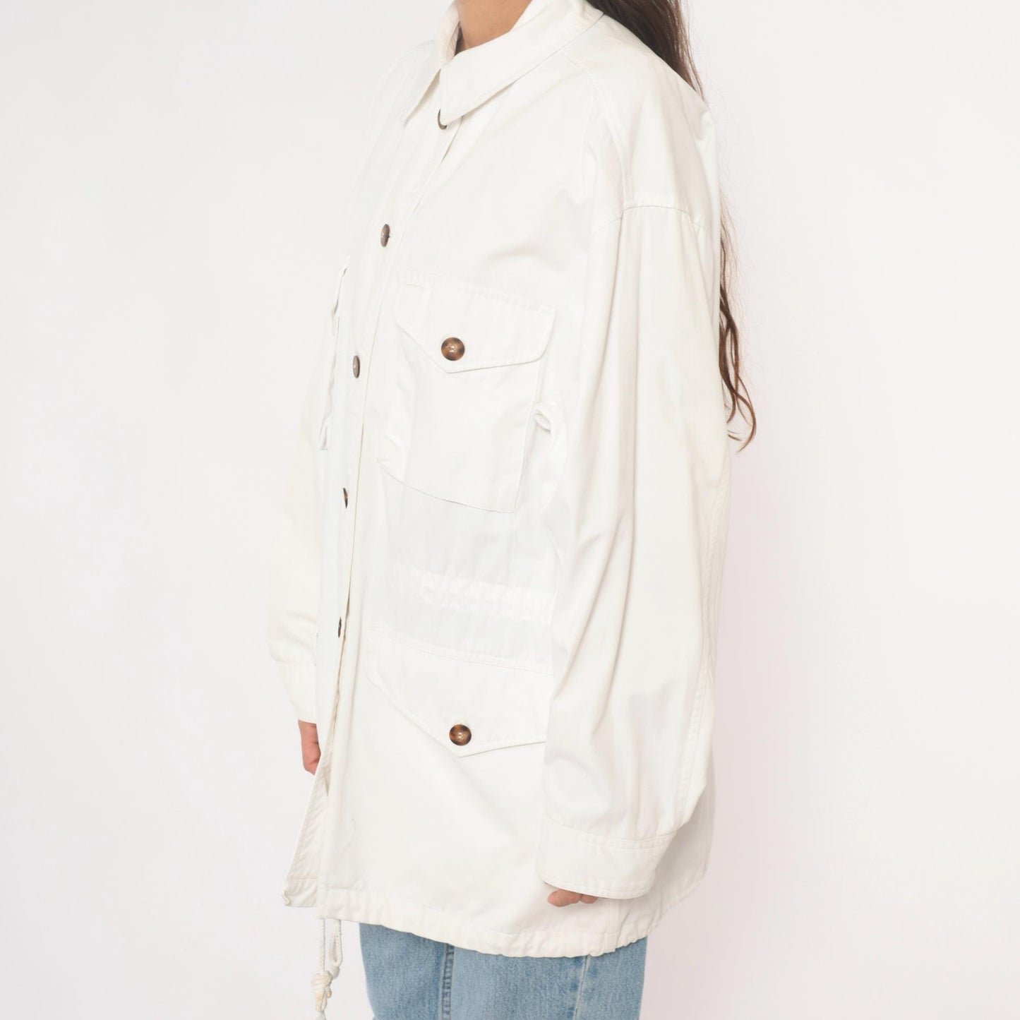 90s Adrienne Vittadini Cotton Utility Jacket Cream Pointed Collar Medium M