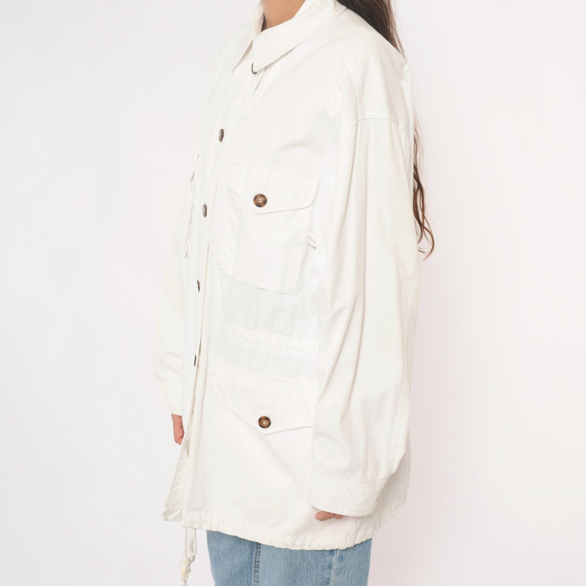 90s Adrienne Vittadini Cotton Utility Jacket Cream Pointed Collar Medium M