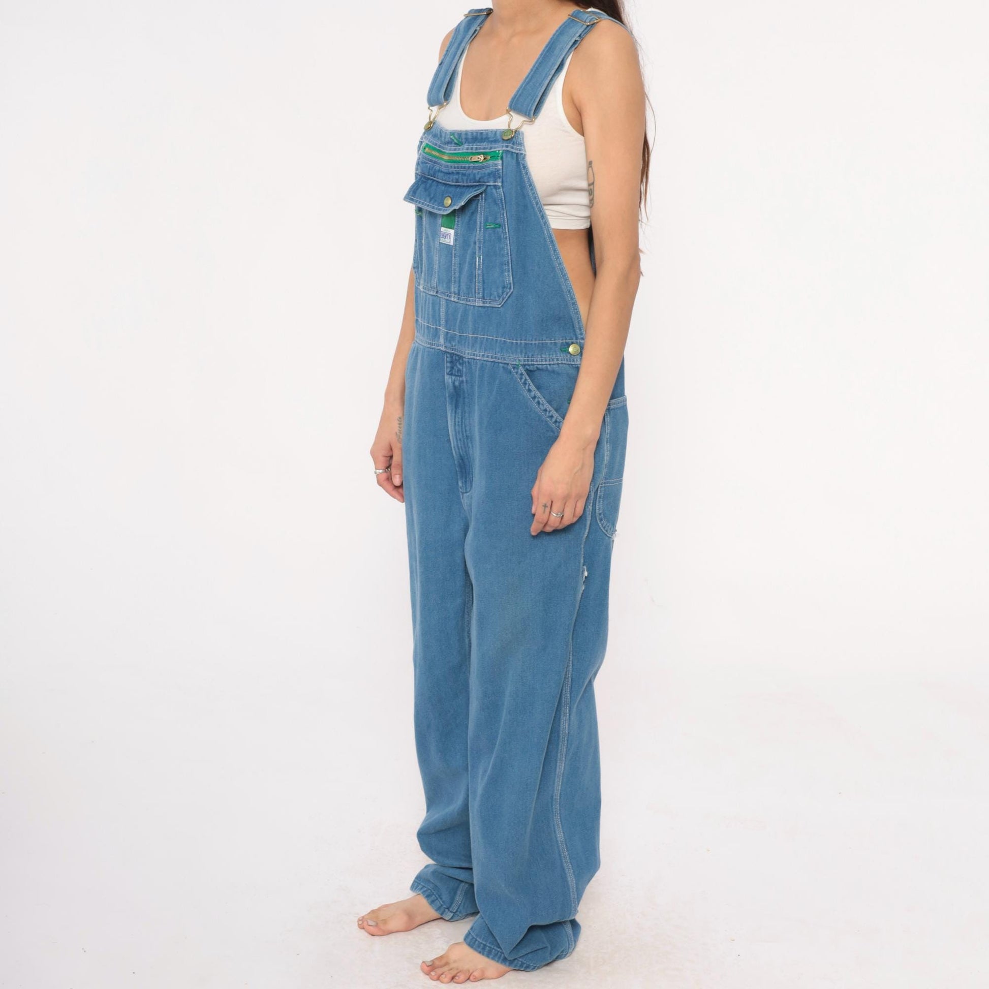 90s Liberty Denim Overalls Blue Green Stitching Unisex Medium