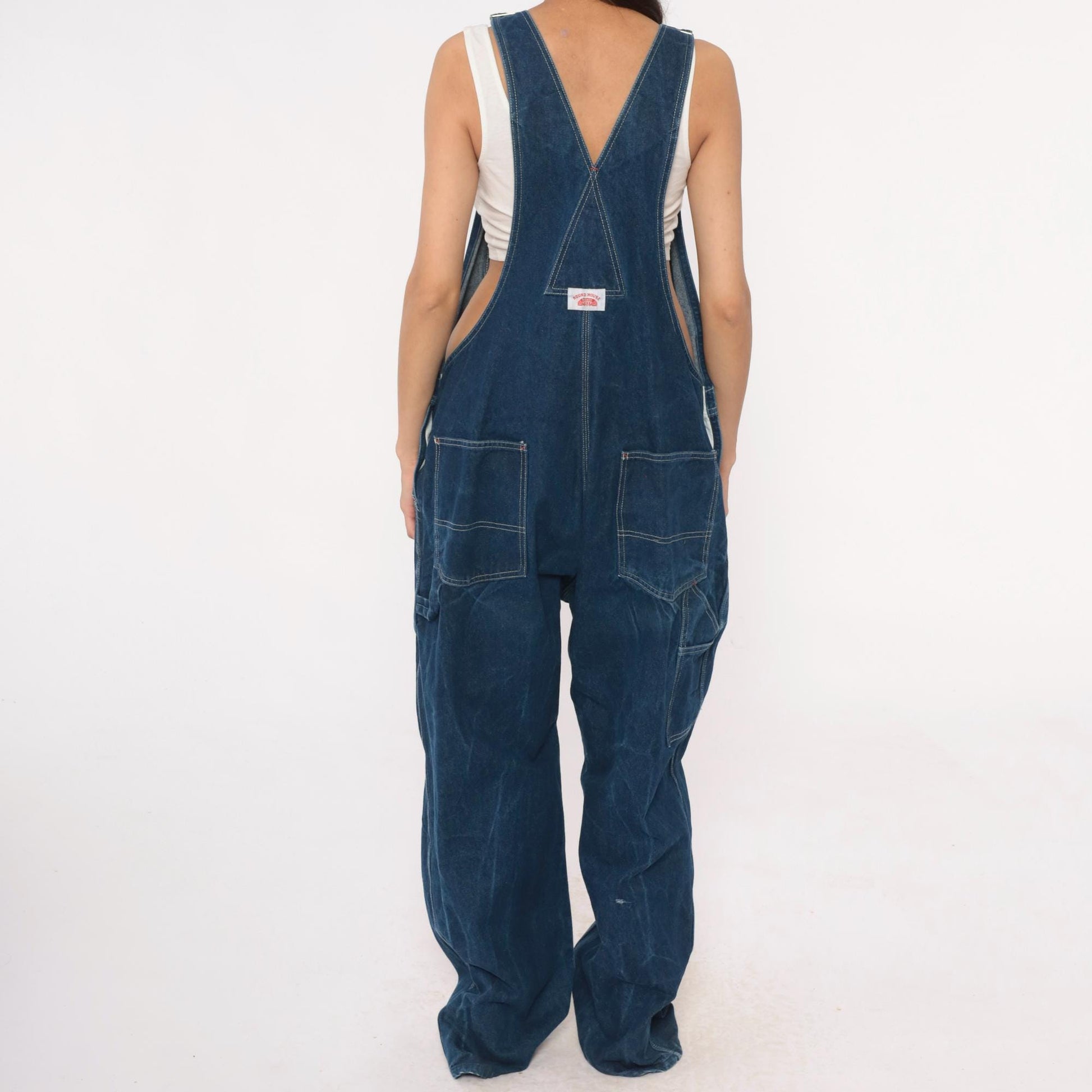 Y2K Roundhouse Dark Blue Denim Overalls Carpenter Workwear Cotton Extra Large