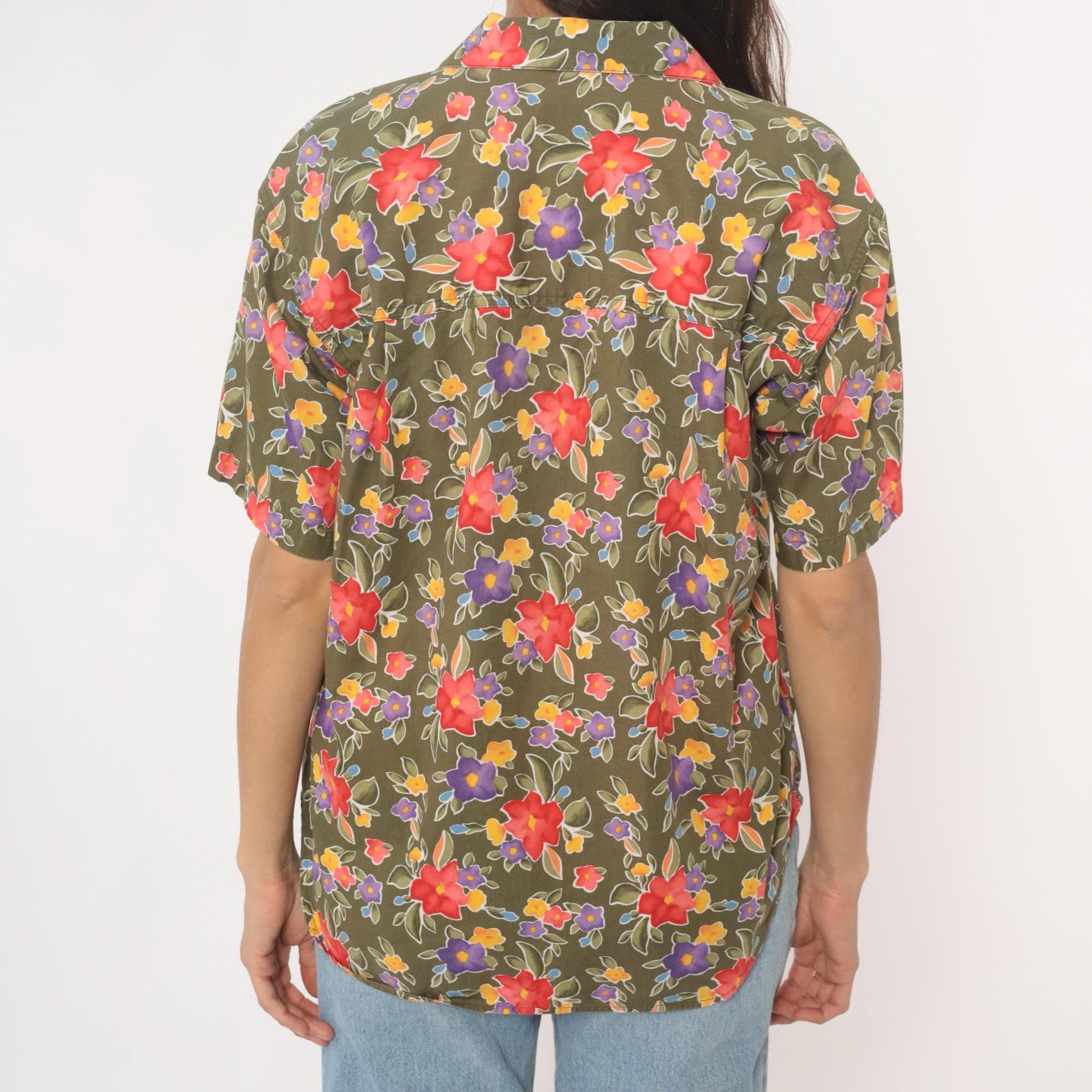 90s Liz Sport Floral Camp Collar Shirt Olive Green Cotton Small S