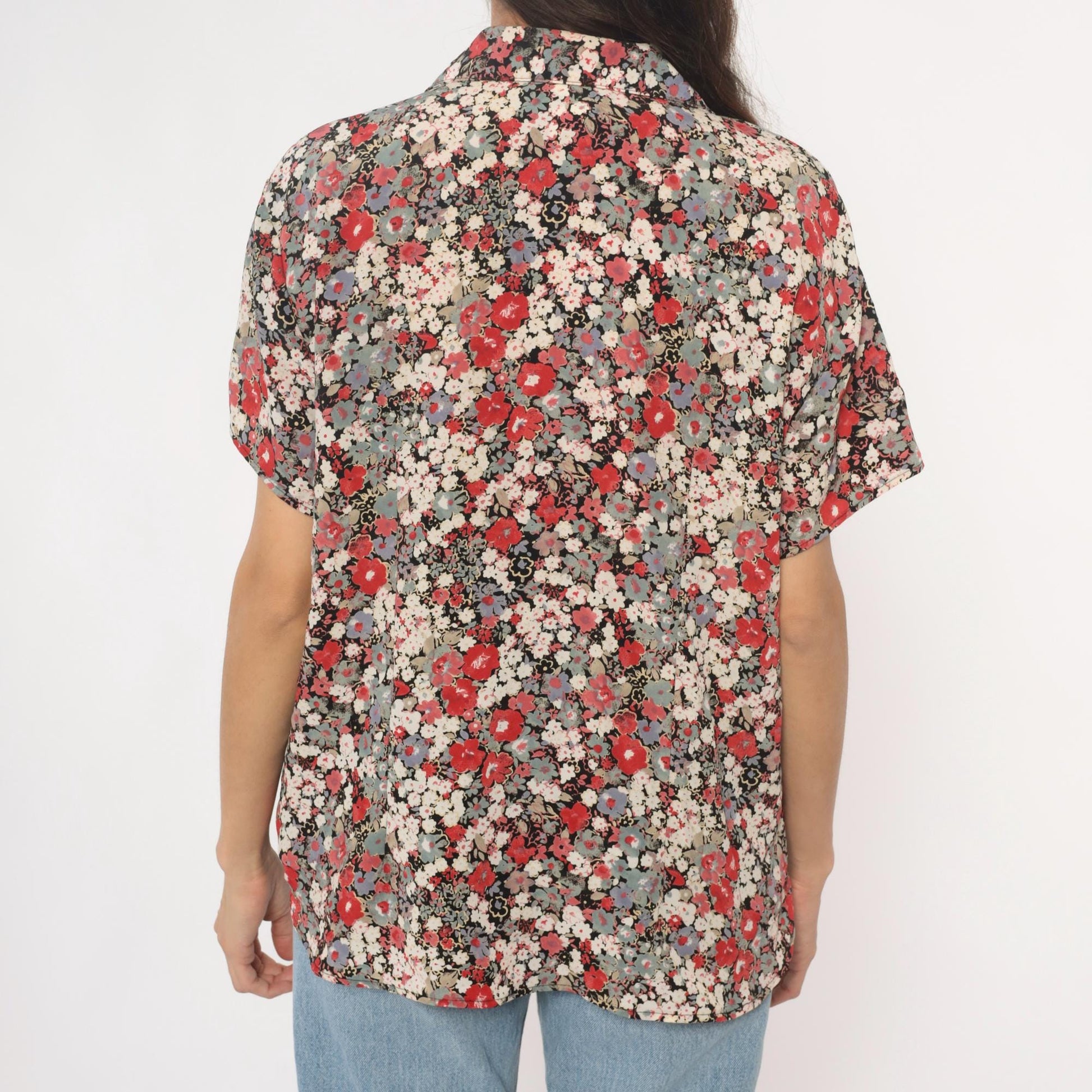 90s Zenobia Floral Button-Up Blouse Short Sleeve Black Cream Plus Size XXL