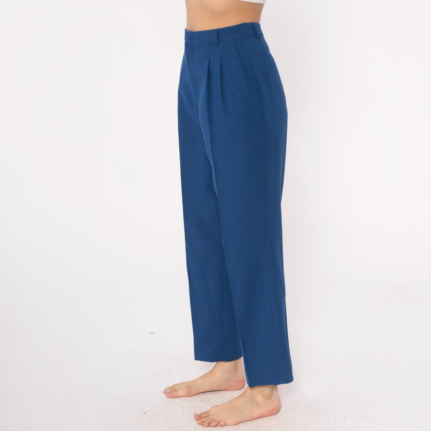 70s Haggar Navy Pleated High-Waist Trousers Ankle Length Medium
