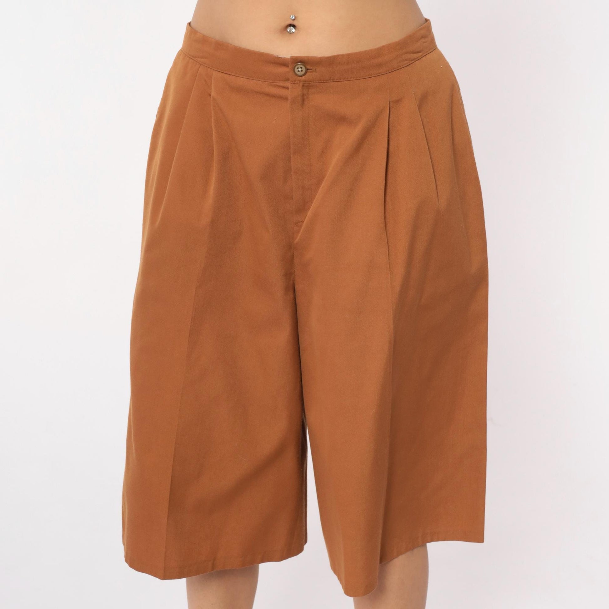 80s Camel Pleated High-Waist Shorts Tailored Wide Leg Medium