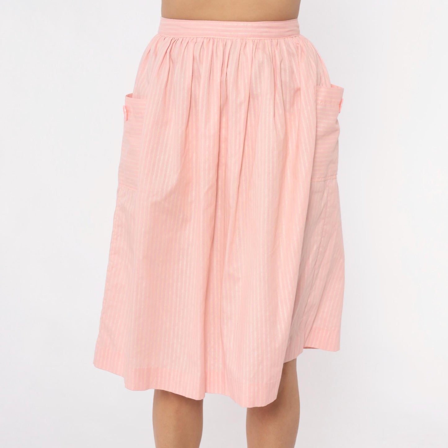 60s Pink Striped Cotton Skirt High Waist Pleated Knee Length Extra Small XS
