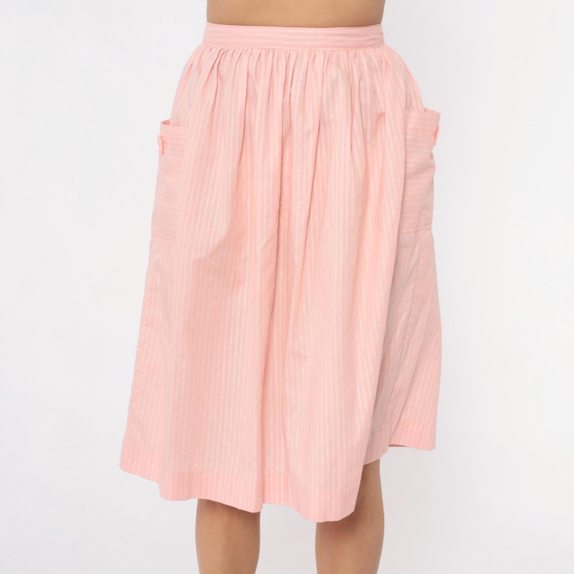 60s Pink Striped Cotton Skirt High Waist Pleated Knee Length Extra Small XS