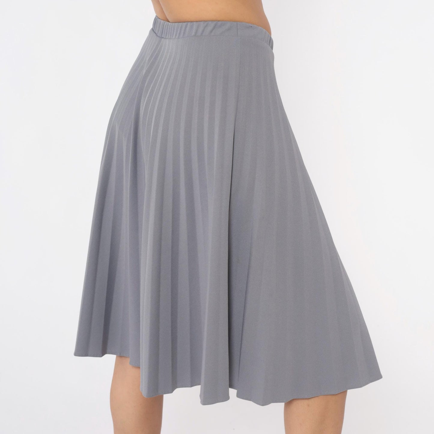 70s Grey Pleated Skirt Elastic Waist Knee-Length A-Line Medium