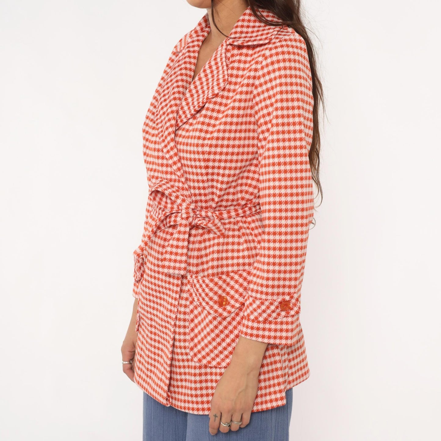 70s Houndstooth Wrap Jacket Red White Checkered Collared Blazer Medium