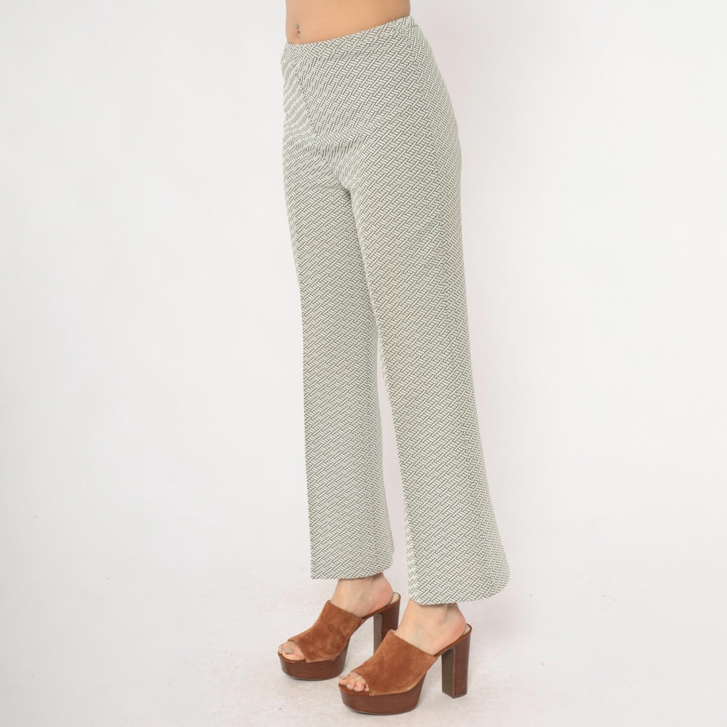 70s Geometric Basketweave Straight Leg Pants Cream Black High Waist Small