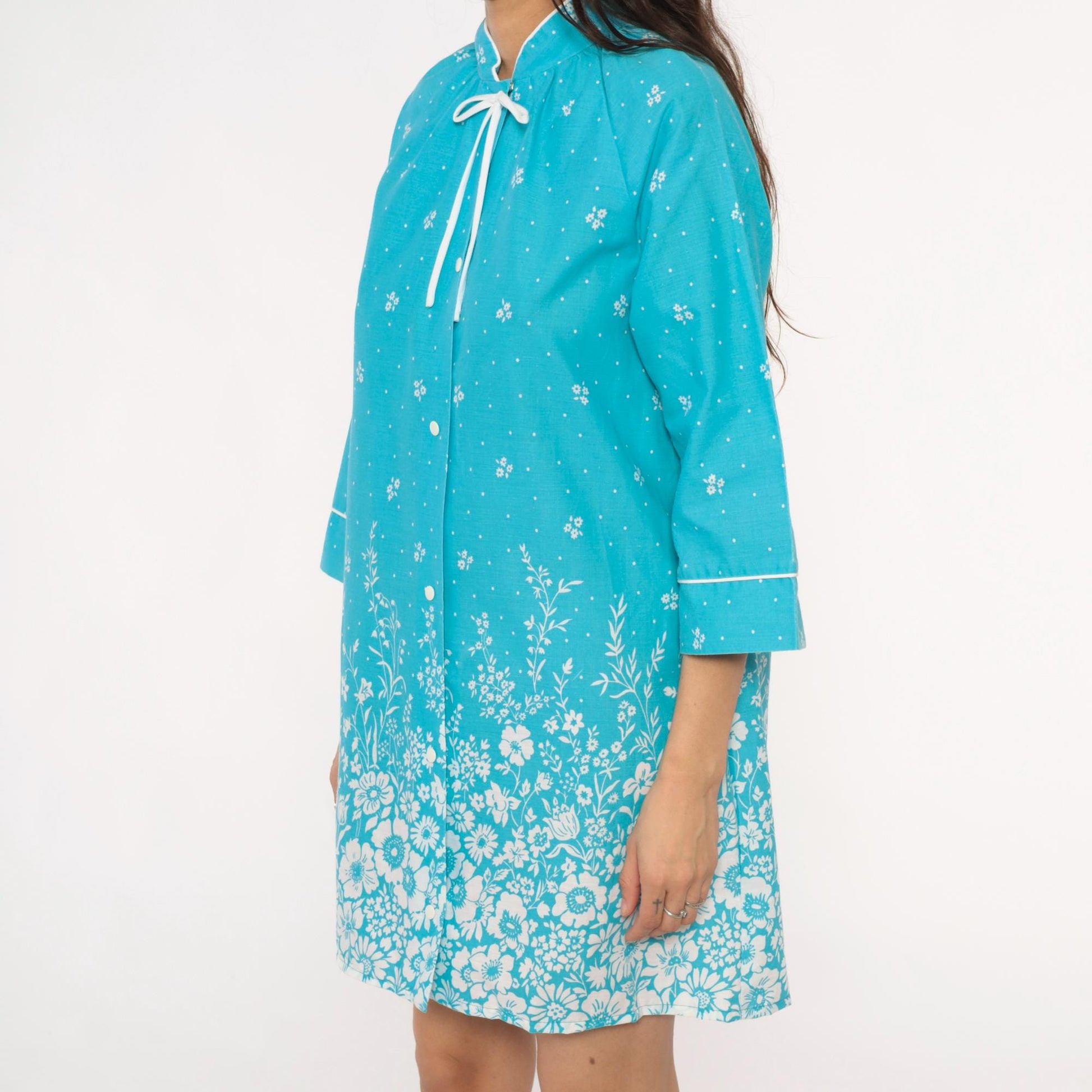 80s Dan Ellen Turquoise Floral Shift Dress Mandarin Collar Small