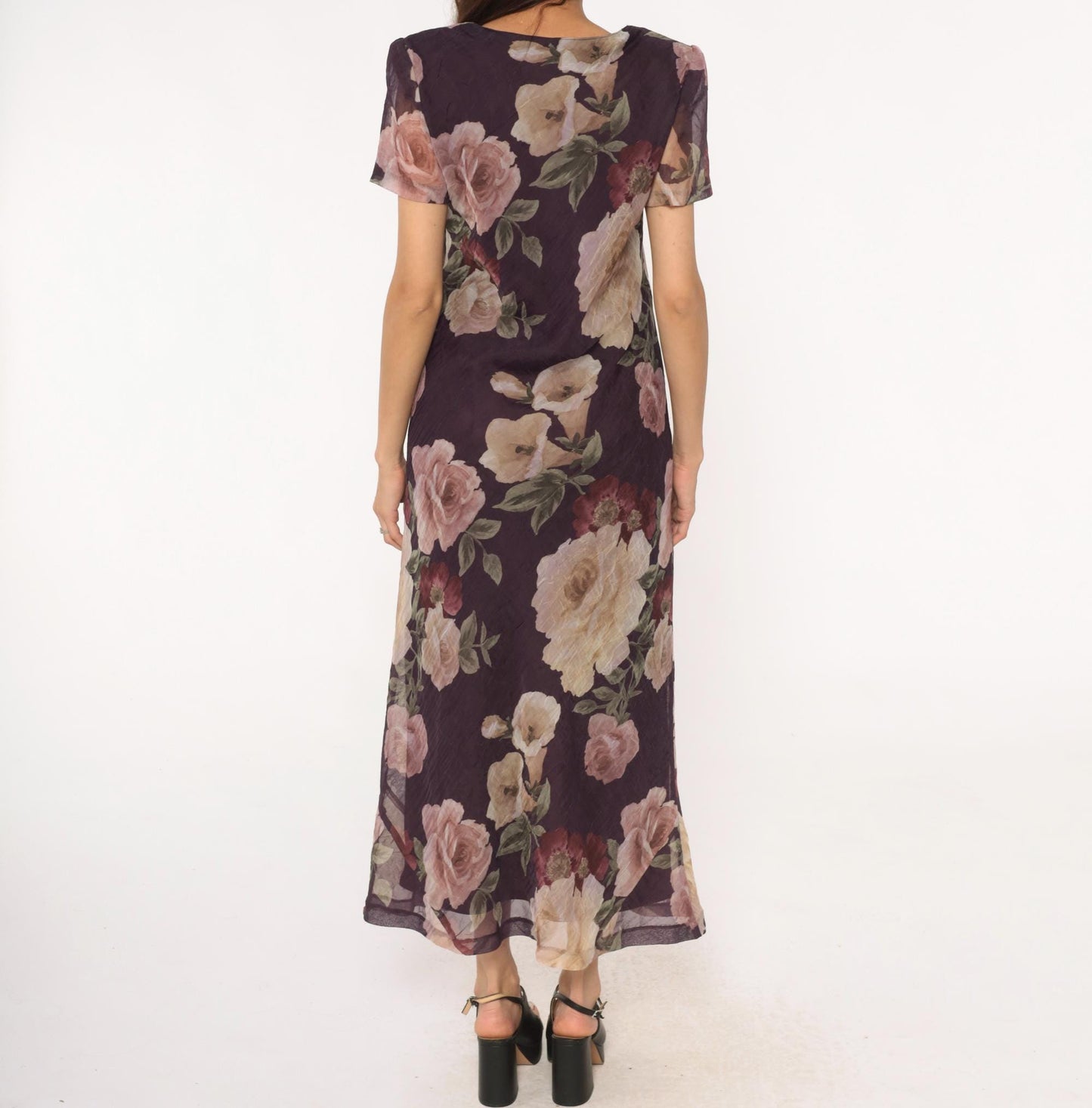 90s Jessica Howard Floral Maxi Dress Purple Rose Print Short Sleeve Medium