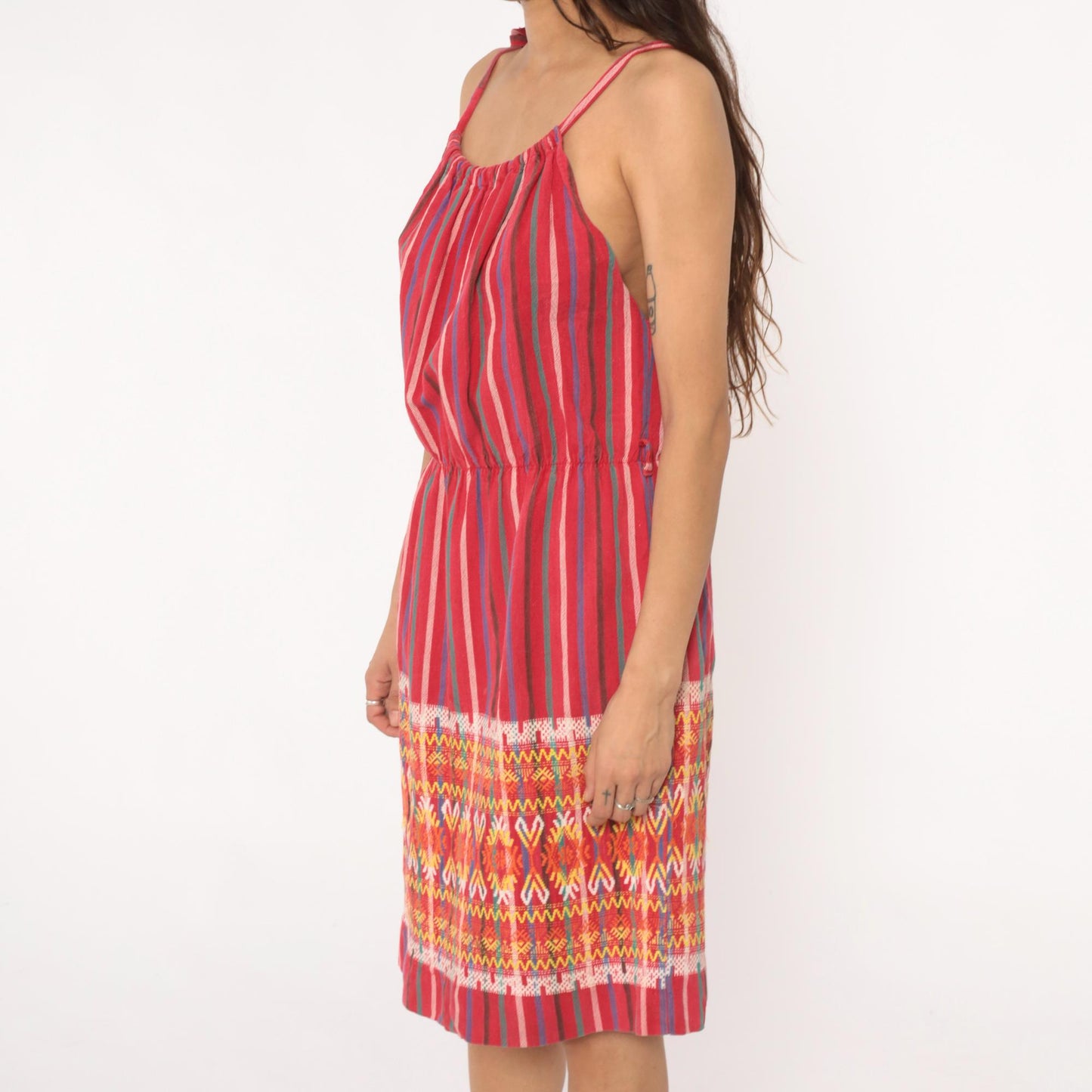 90s Red Striped Cotton Sundress Tribal Ikat Border Tie Strap Large