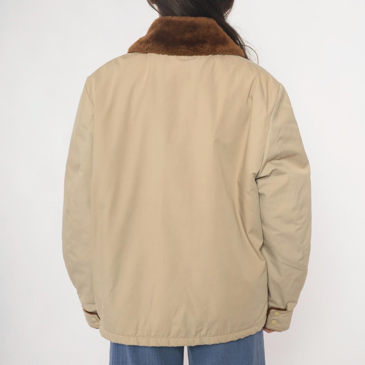 80s Weathercastle Bomber Jacket Beige Faux Fur Collar Lined Large