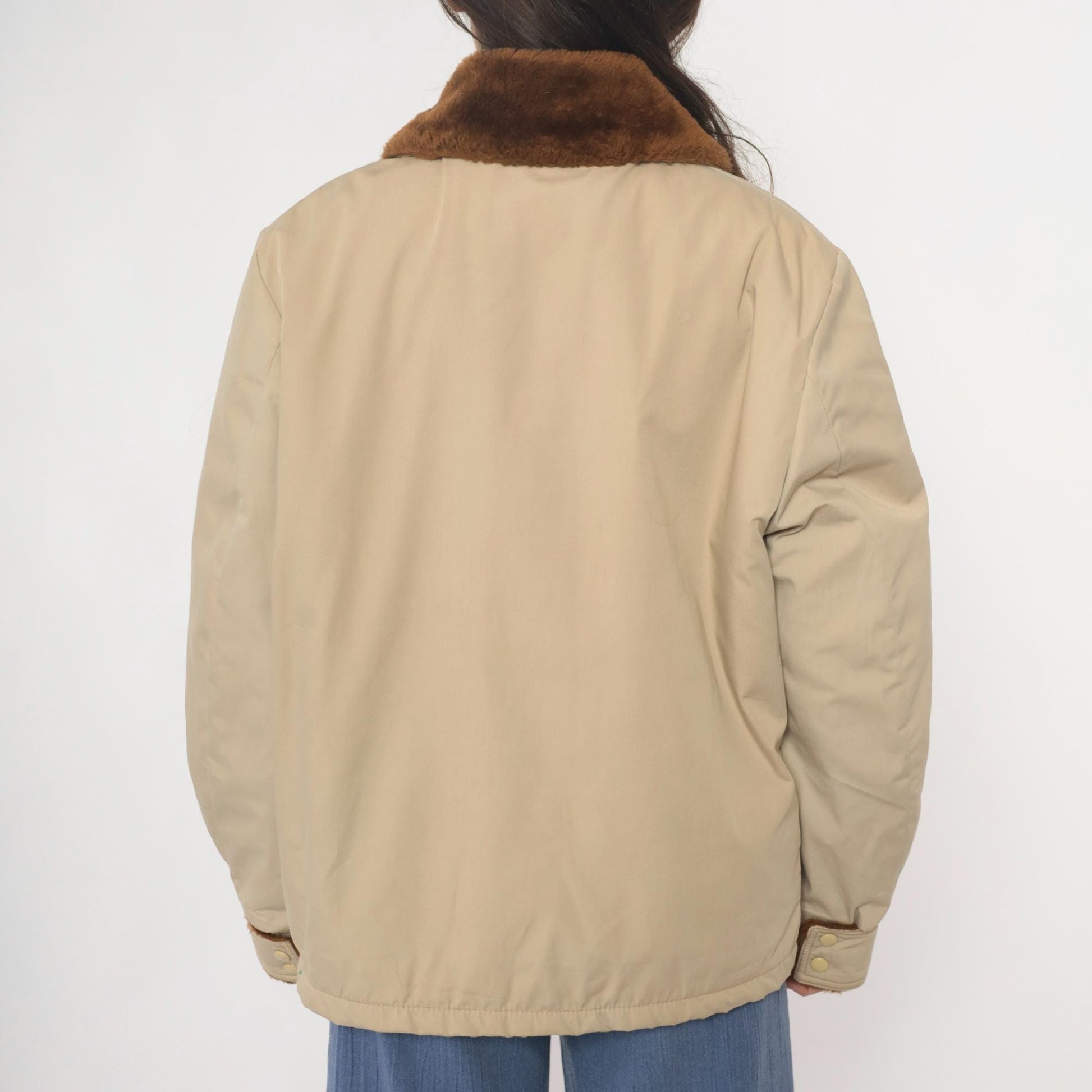 80s Weathercastle Bomber Jacket Beige Faux Fur Collar Lined Large