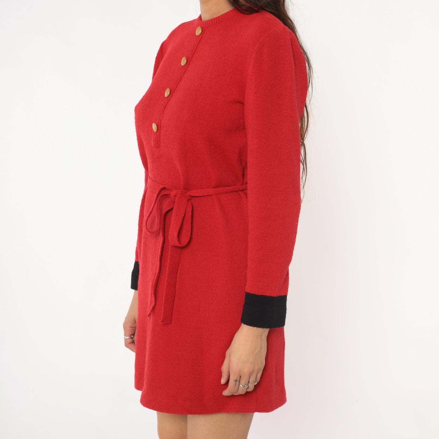 80s Castleberry Red Sweater Dress Gold Buttons Black Cuffs Tie Belt Medium