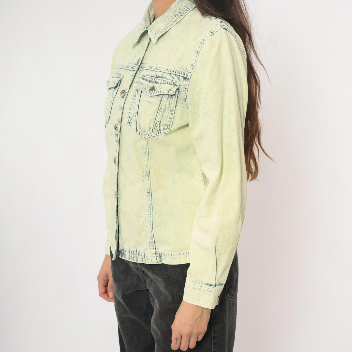 90s Get Together Acid Wash Denim Shirt Yellow Cotton Small
