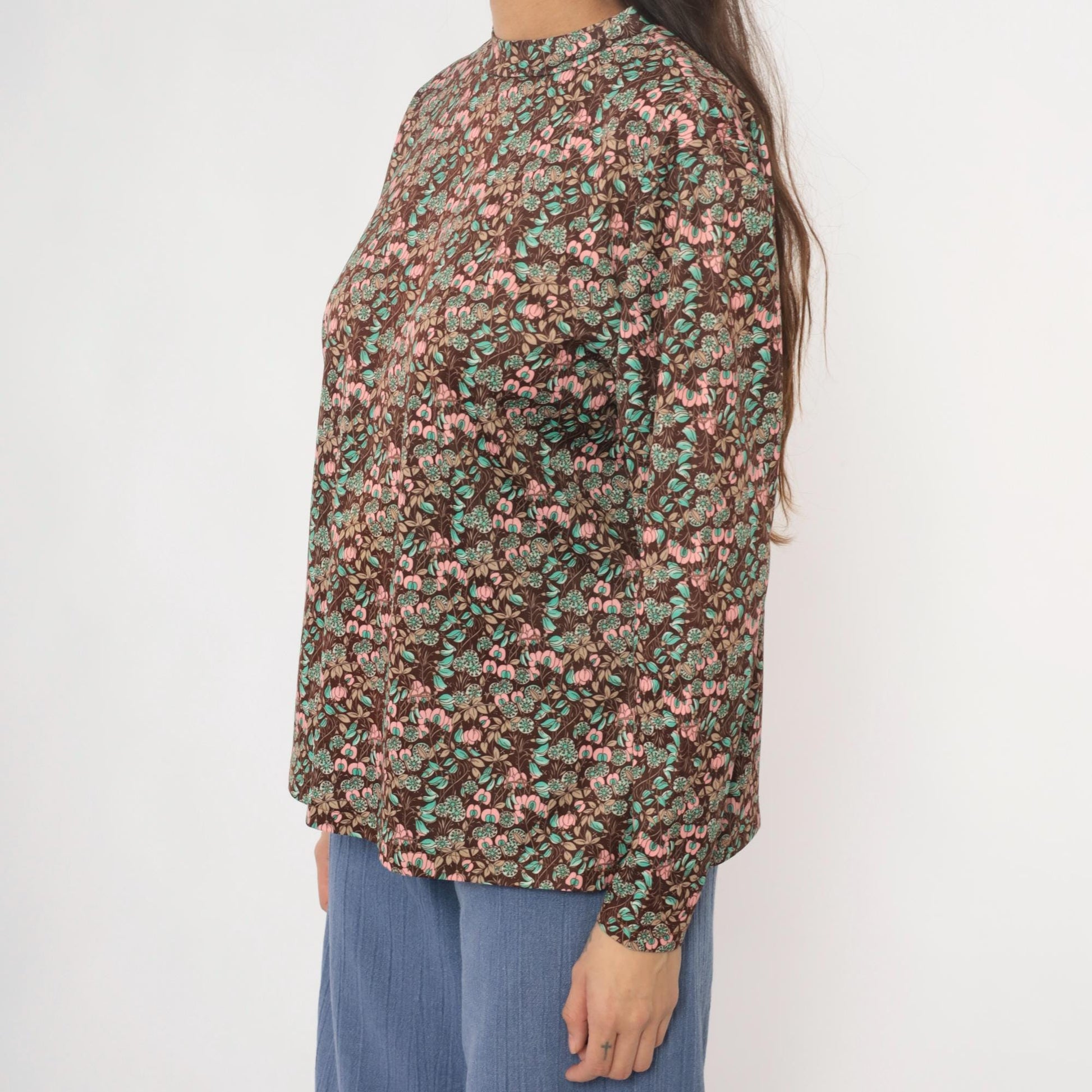 70s Floral Pullover Blouse Brown Pink Mint Crew Neck Long Sleeve Medium