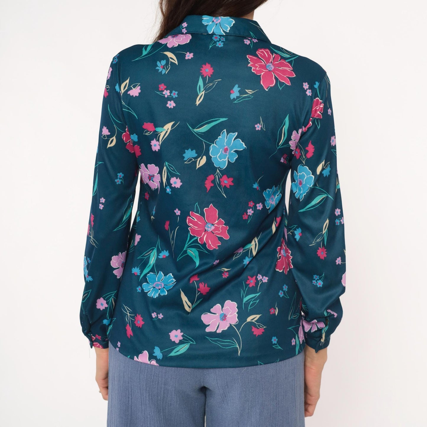80s Teal Floral Blouse Navy Pink Purple Flowers Long Sleeve Button Up Medium