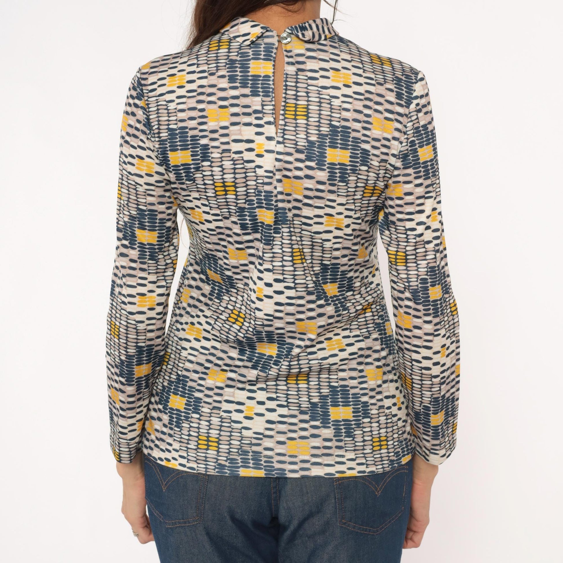 70s Sears Geometric Print Pussy Bow Blouse Navy Mustard Cream Small