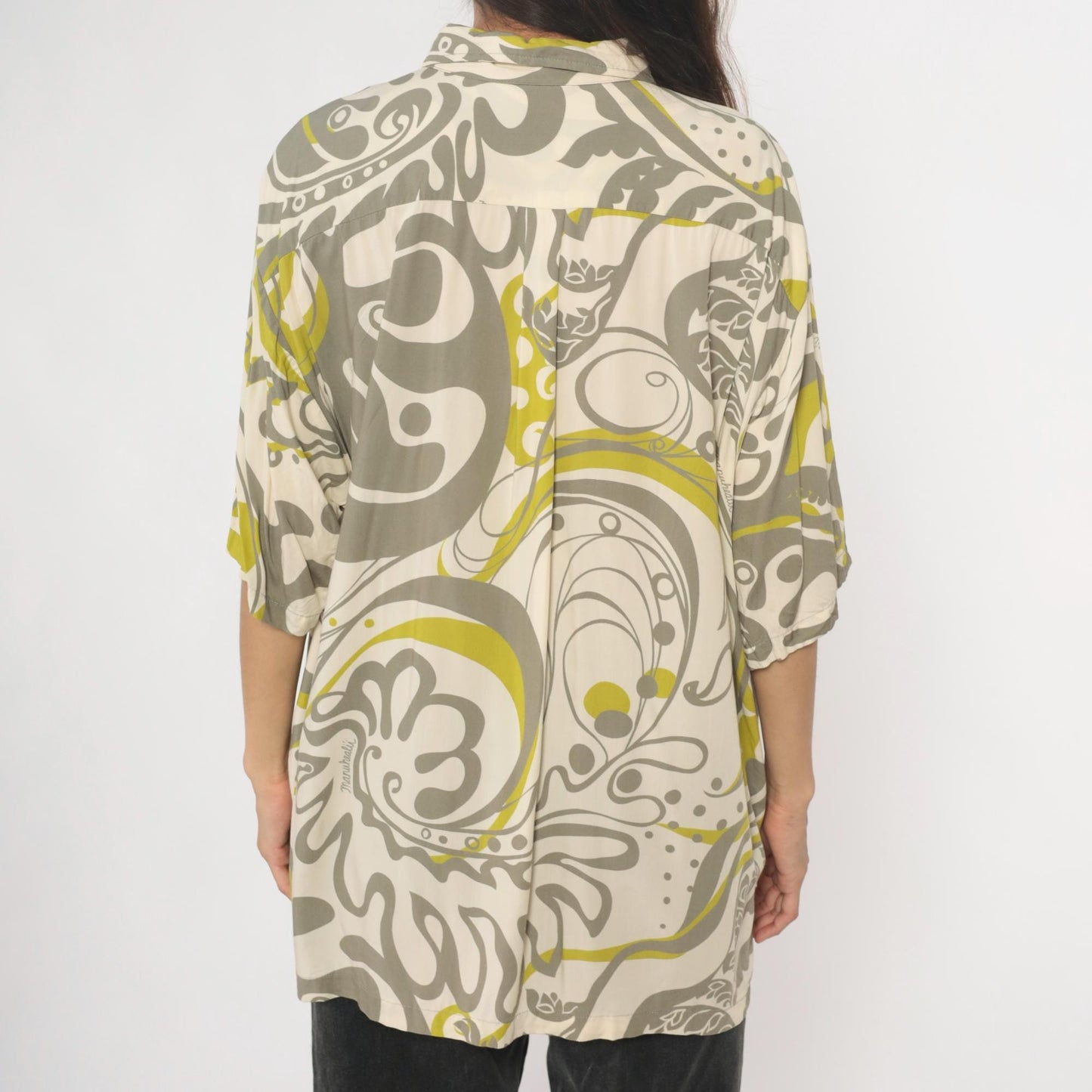 Y2K Manuhealii Psychedelic Swirl Shirt Cream Grey Chartreuse Extra Large XL