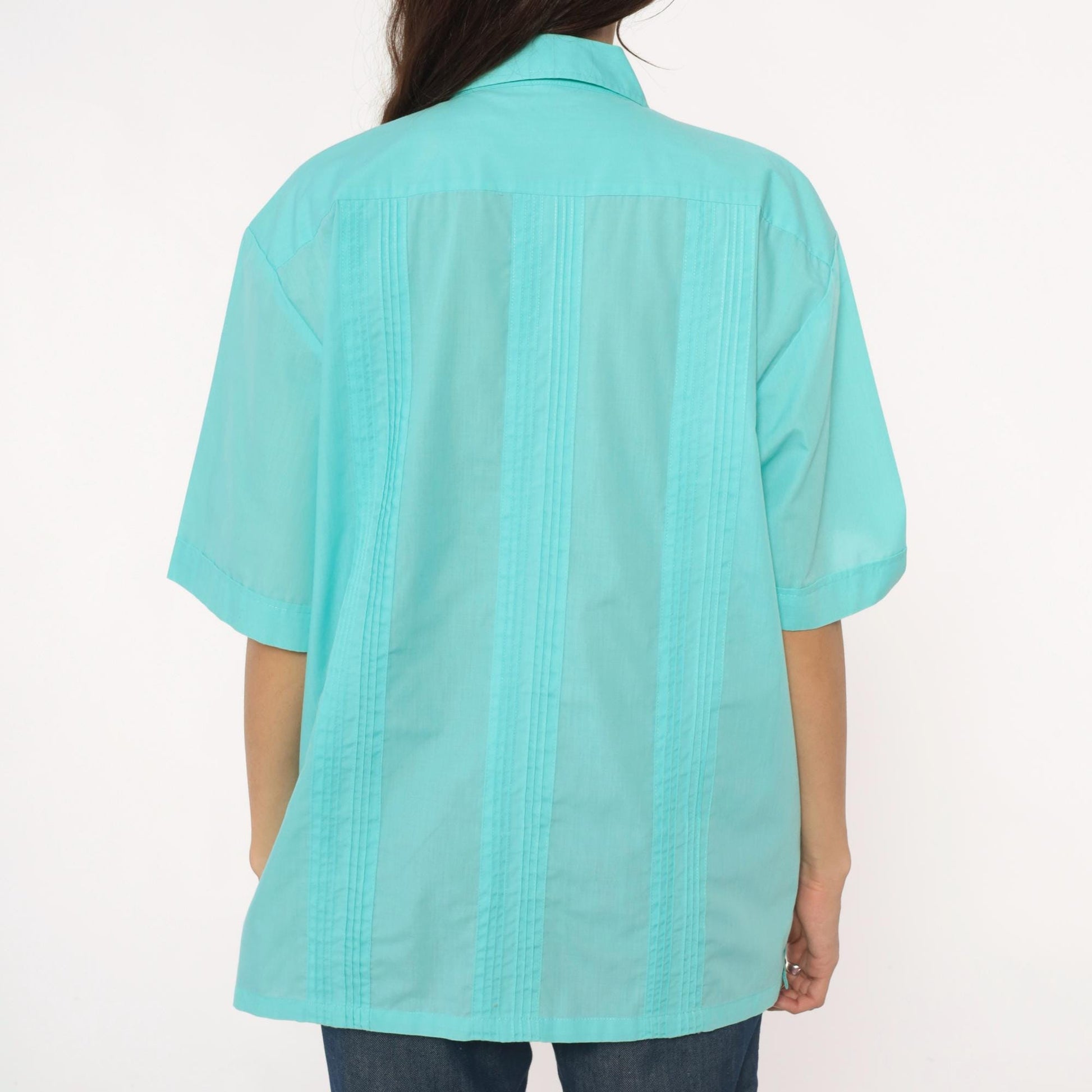 80s Tropicool Aqua Embroidered Pintuck Short Sleeve Shirt Medium