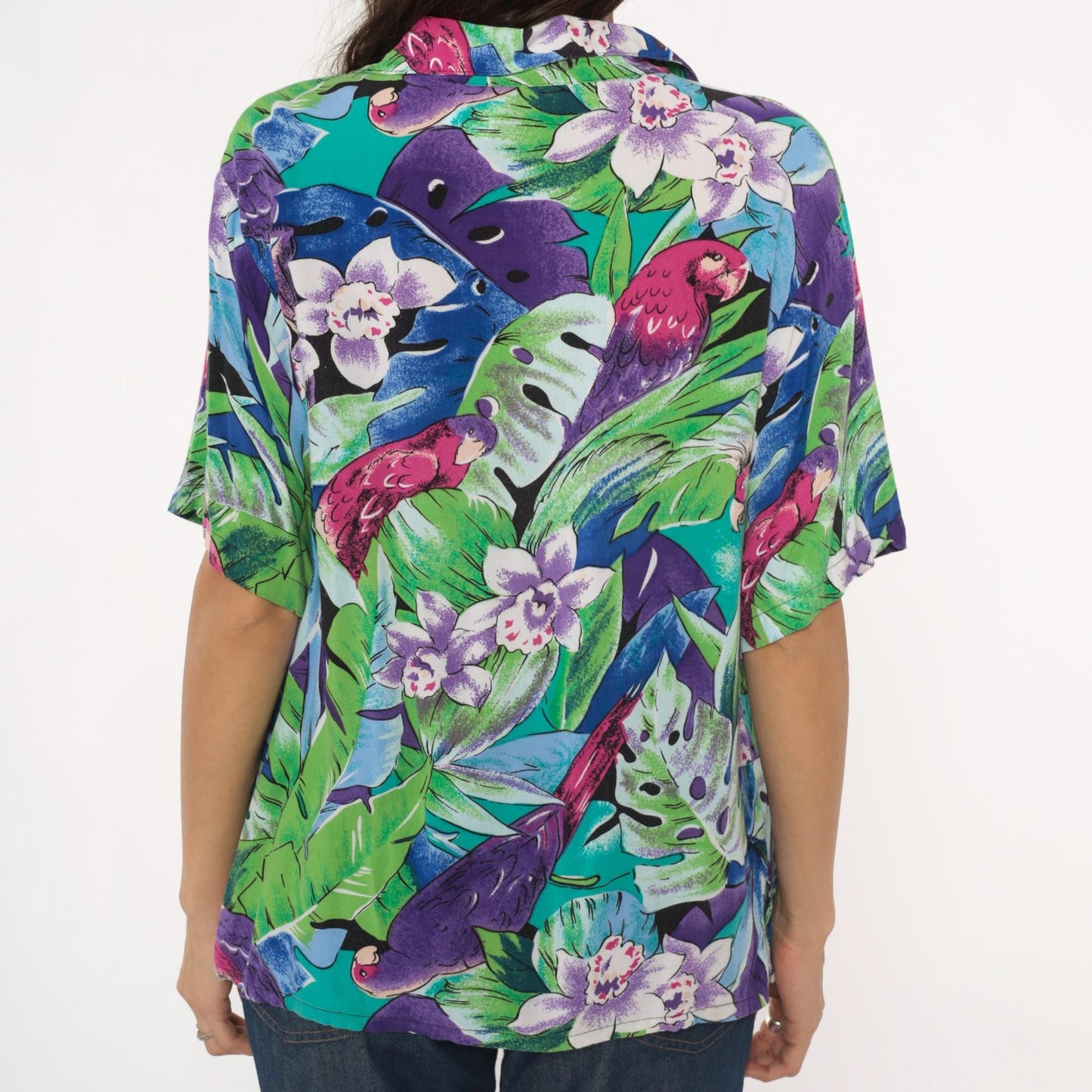 90s Spare Change California Tropical Parrot Rayon Shirt Turquoise Medium