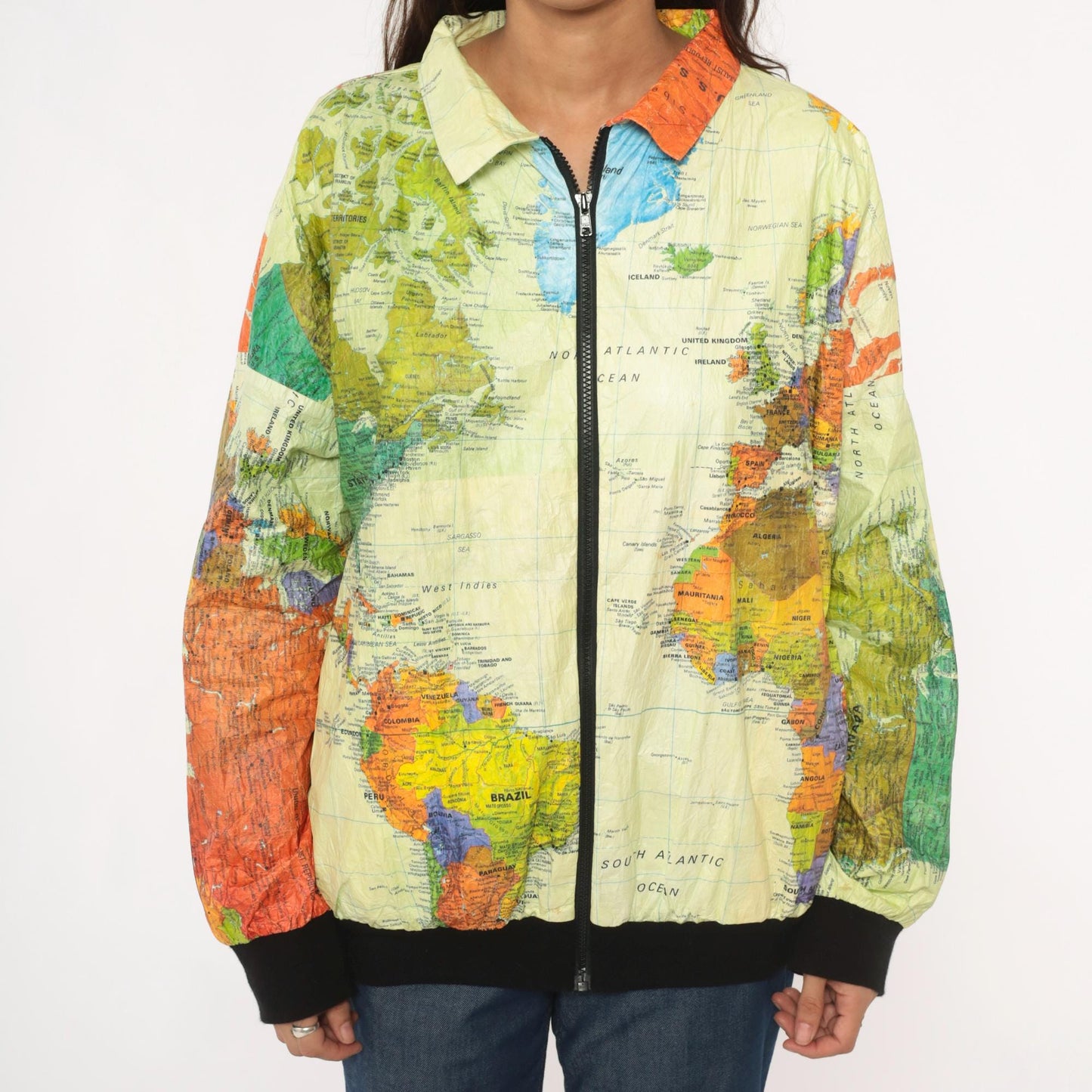 90s Admiral Ty World Map Windbreaker Jacket Tyvek Zip Multicolor Continents Extra Large XL