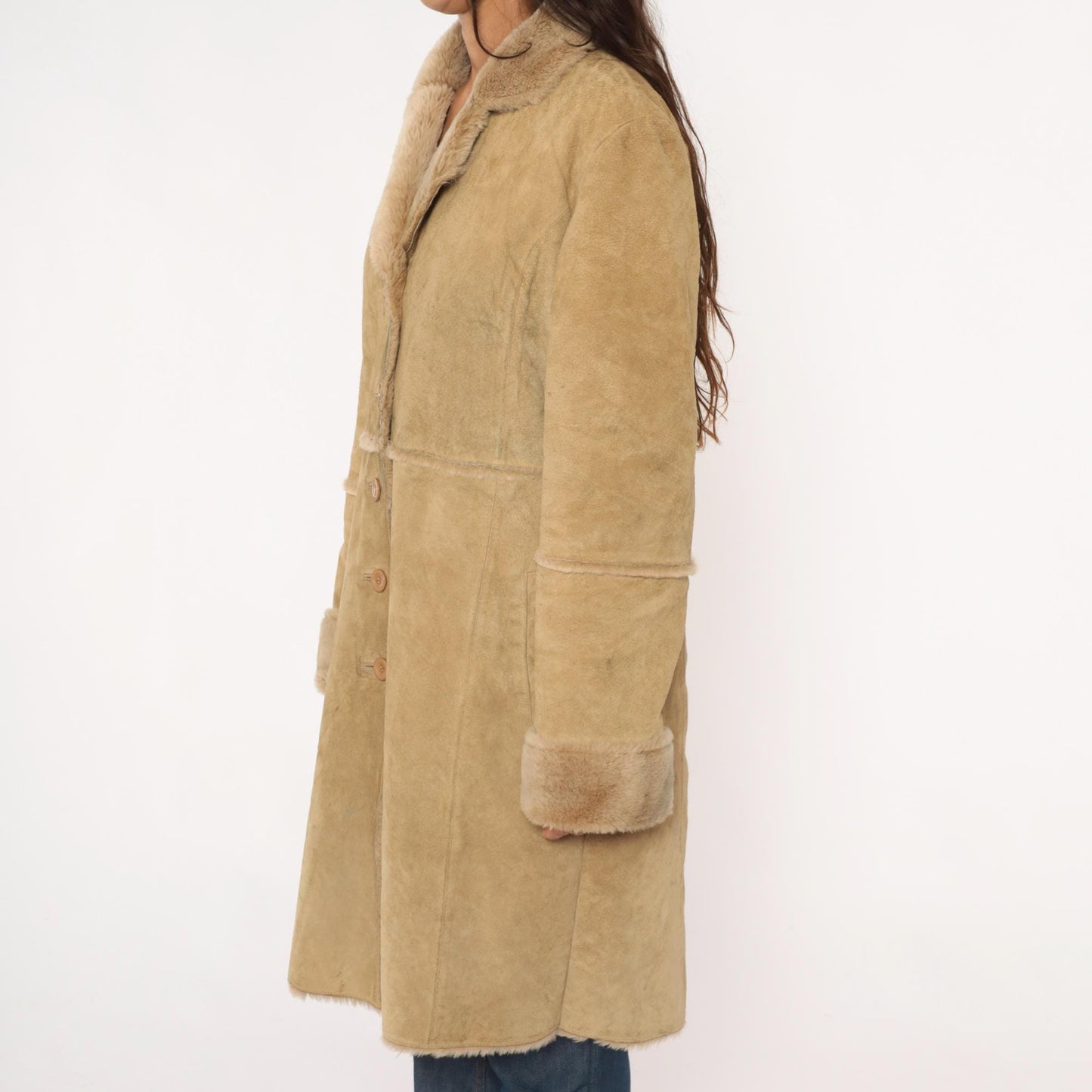 Y2K Brandon Thomas Leather Shearling Coat Tan Knee-Length Large L