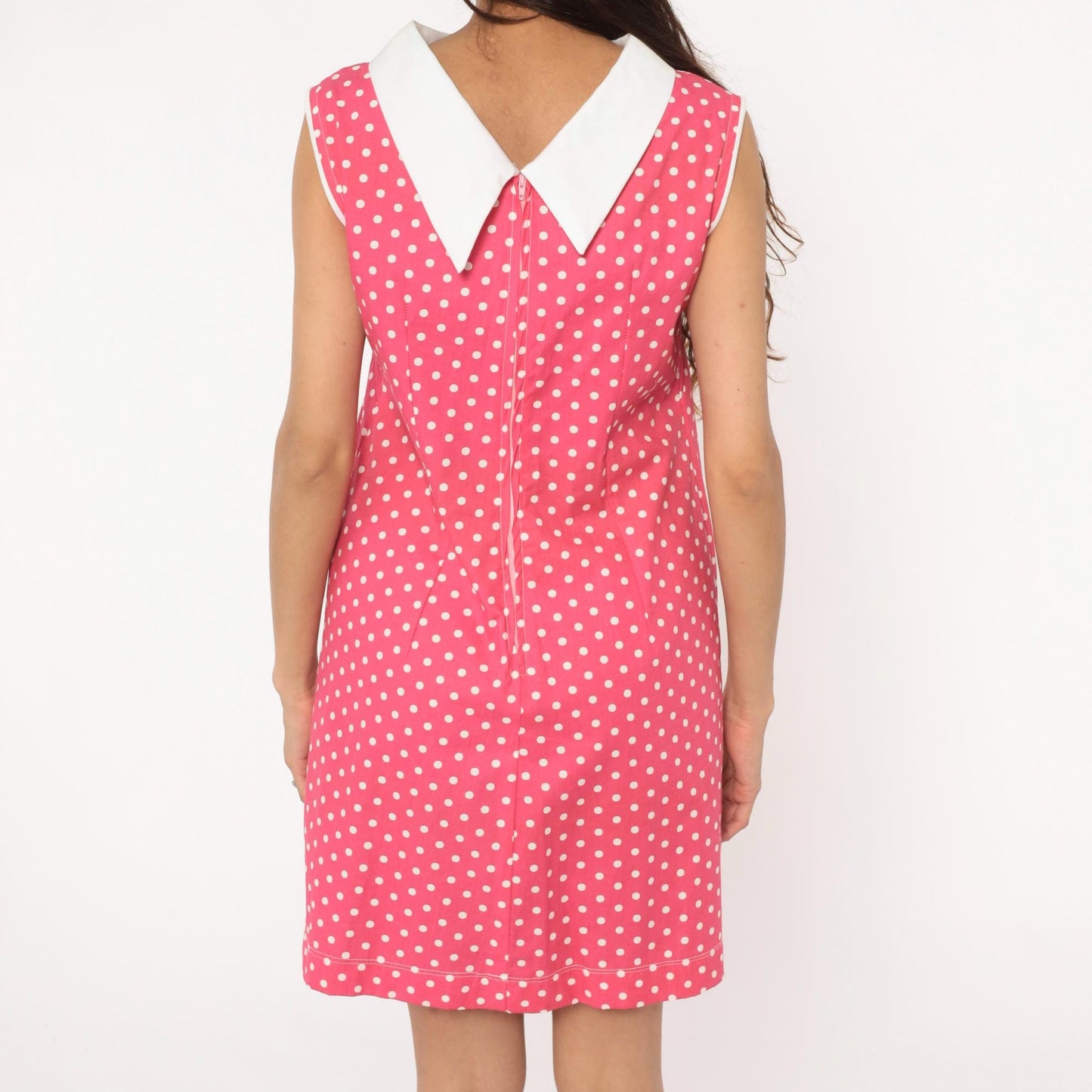 90s Pink Polka Dot Shift Dress White Peter Pan Collar Small