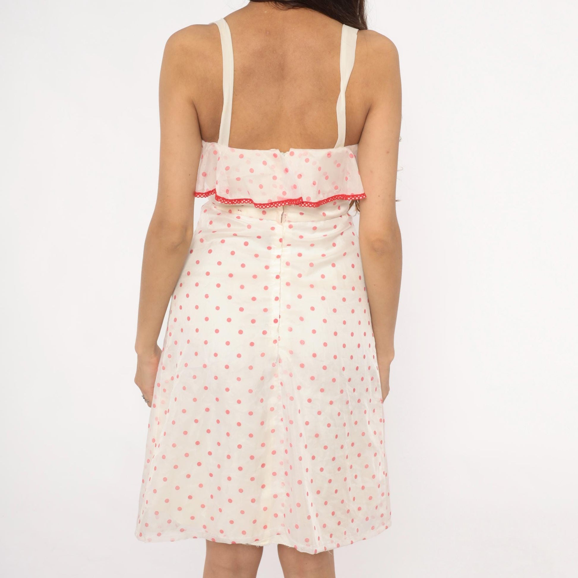 80s Pink White Polka Dot Midi Dress Red Ribbon Ruffle Spaghetti Strap Extra Small