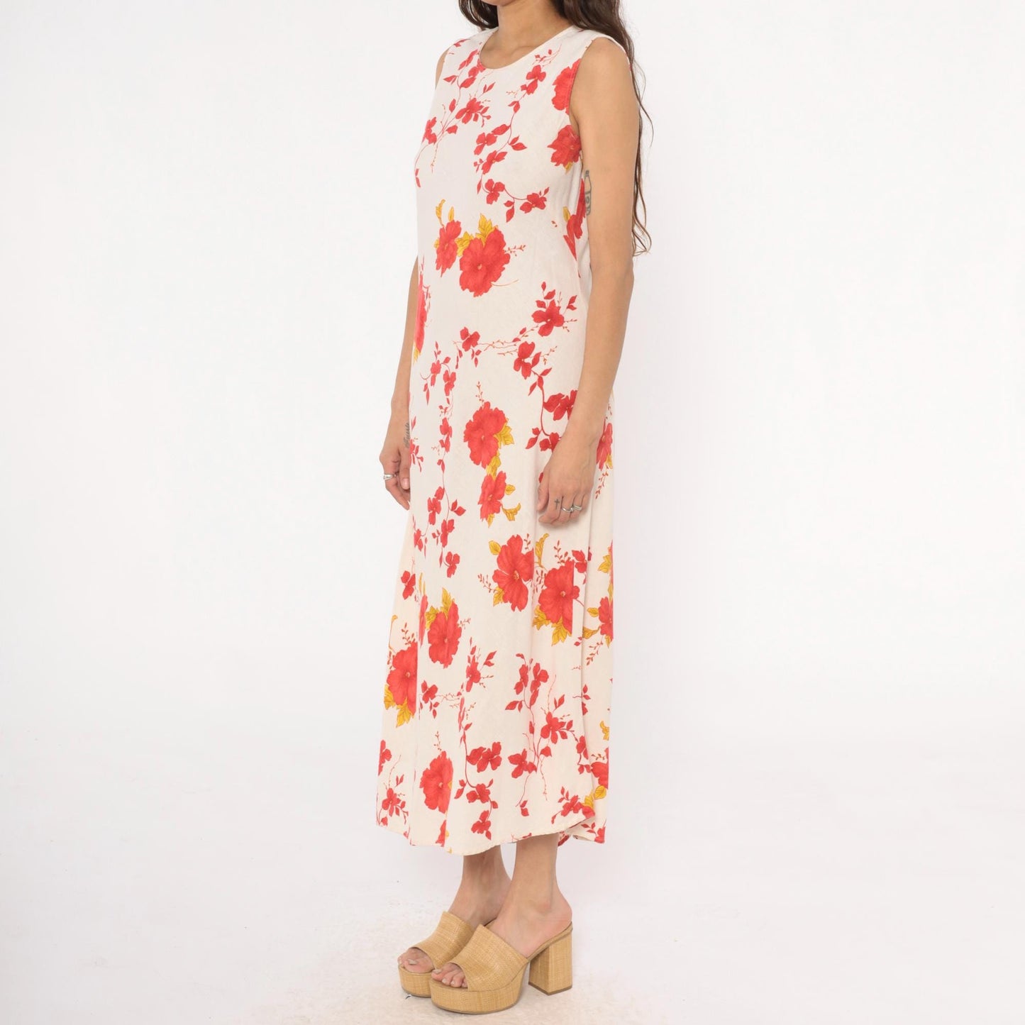 90s Lennie New York Floral Linen Maxi Dress Cream Red Yellow Large L