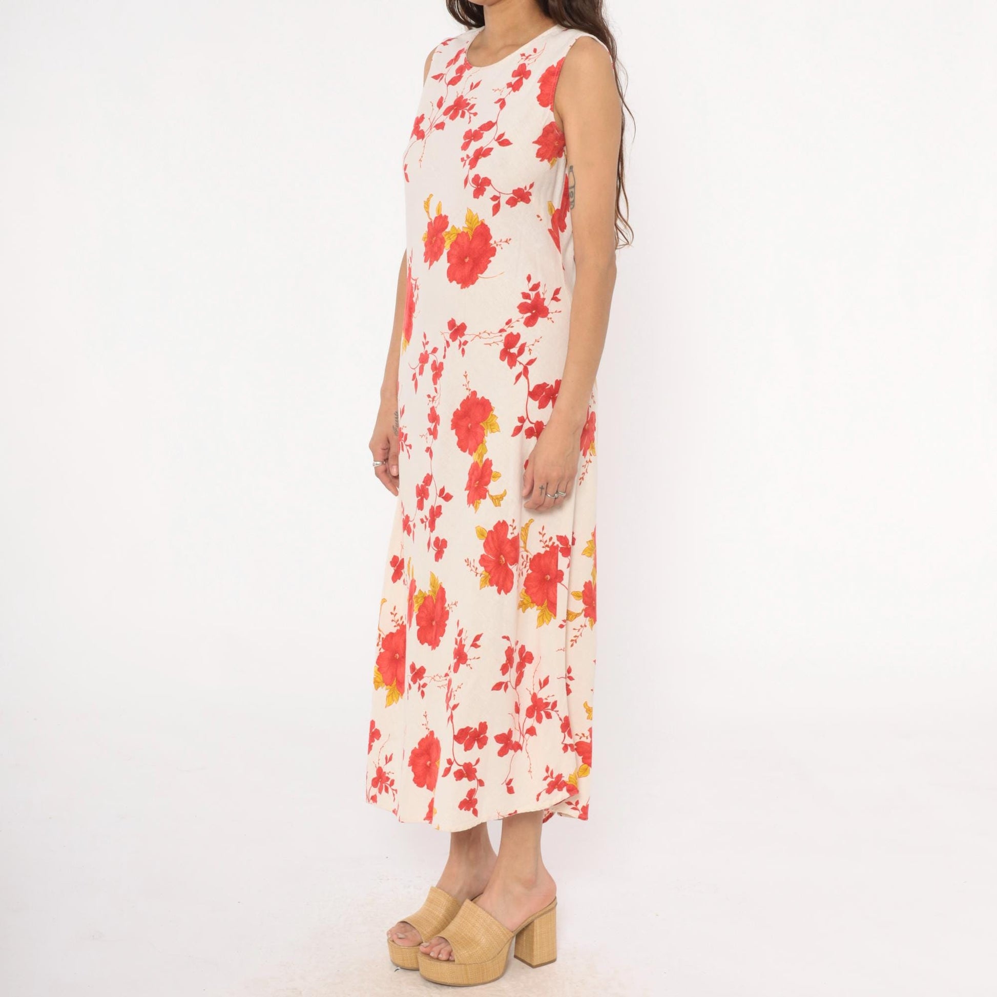 90s Lennie New York Floral Linen Maxi Dress Cream Red Yellow Large L