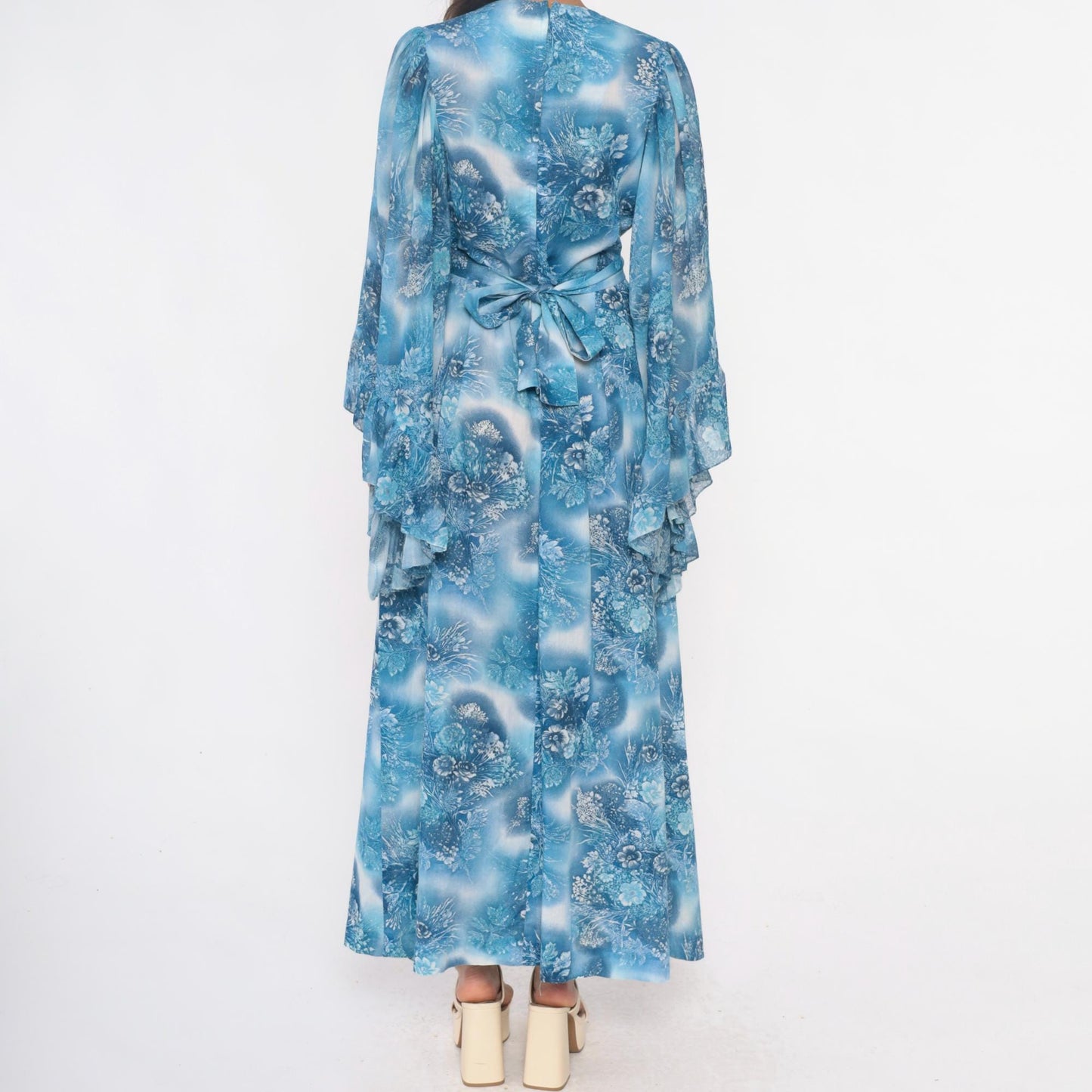 70s Blue Floral Angel Sleeve Maxi Dress Wrap Bodice Small Medium