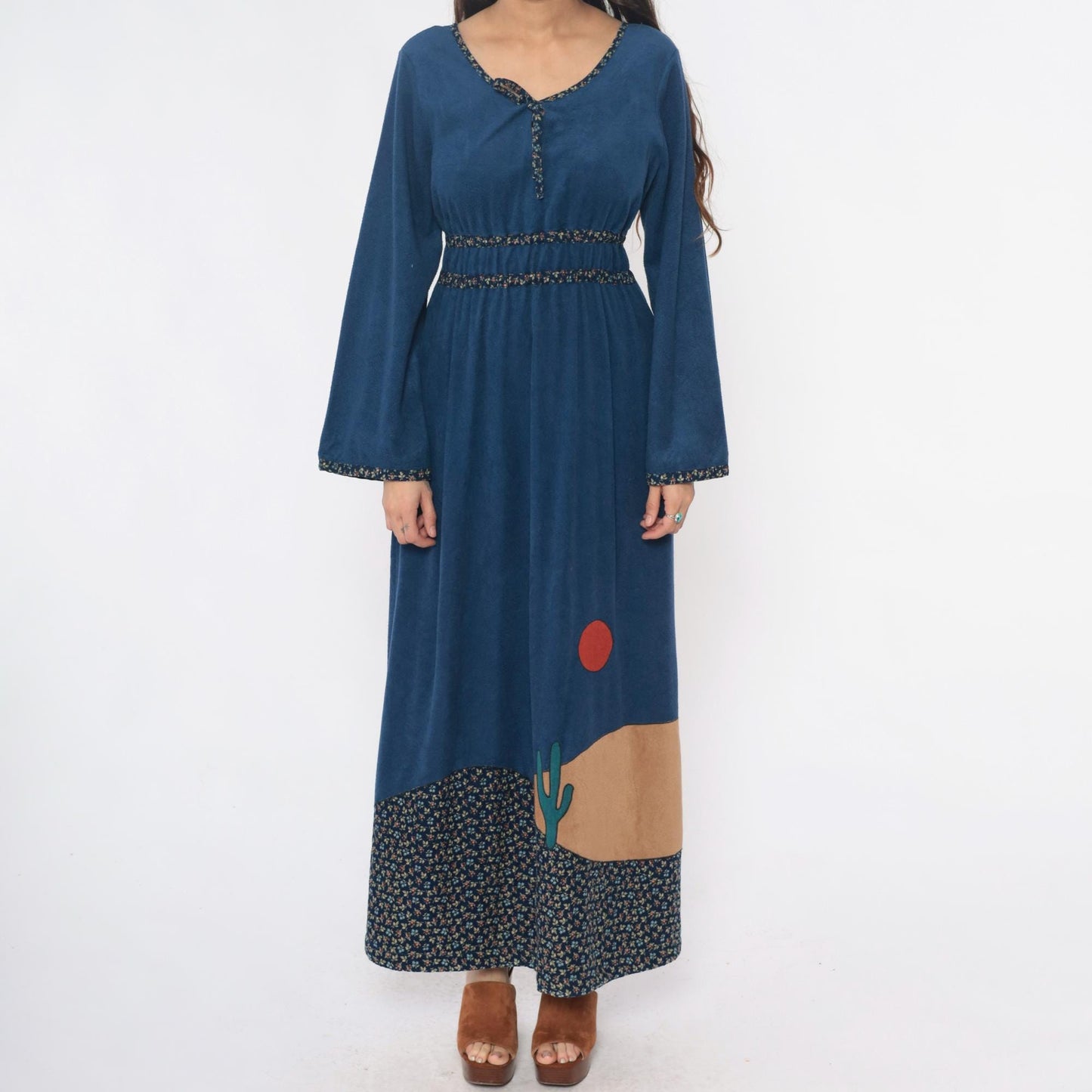 70s Blue Maxi Dress Empire Waist Desert Cactus Appliqué Long Sleeve Medium
