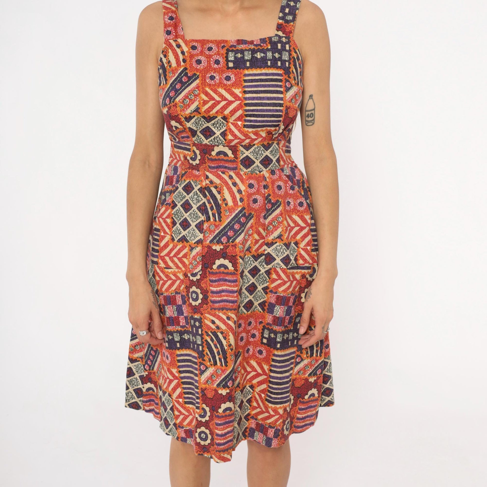 90s Geometric Patchwork Sundress Square Neck Tribal Print Small S